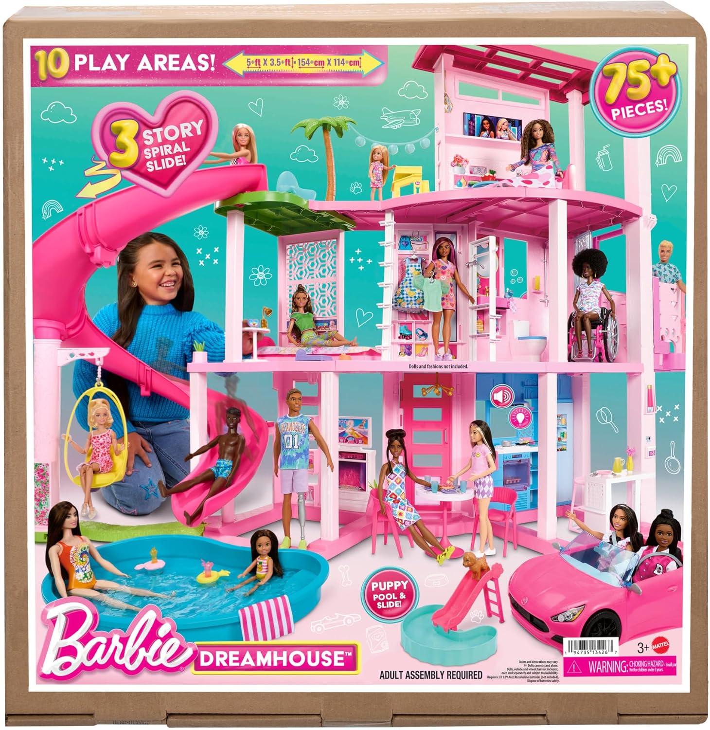 Barbie Dreamhouse 2023 3-stöckiges Puppenhaus-Spielzeug mit über 75 Möbelstücken und Accessoires, ab 3 Jahren (Mattel HMX10)
