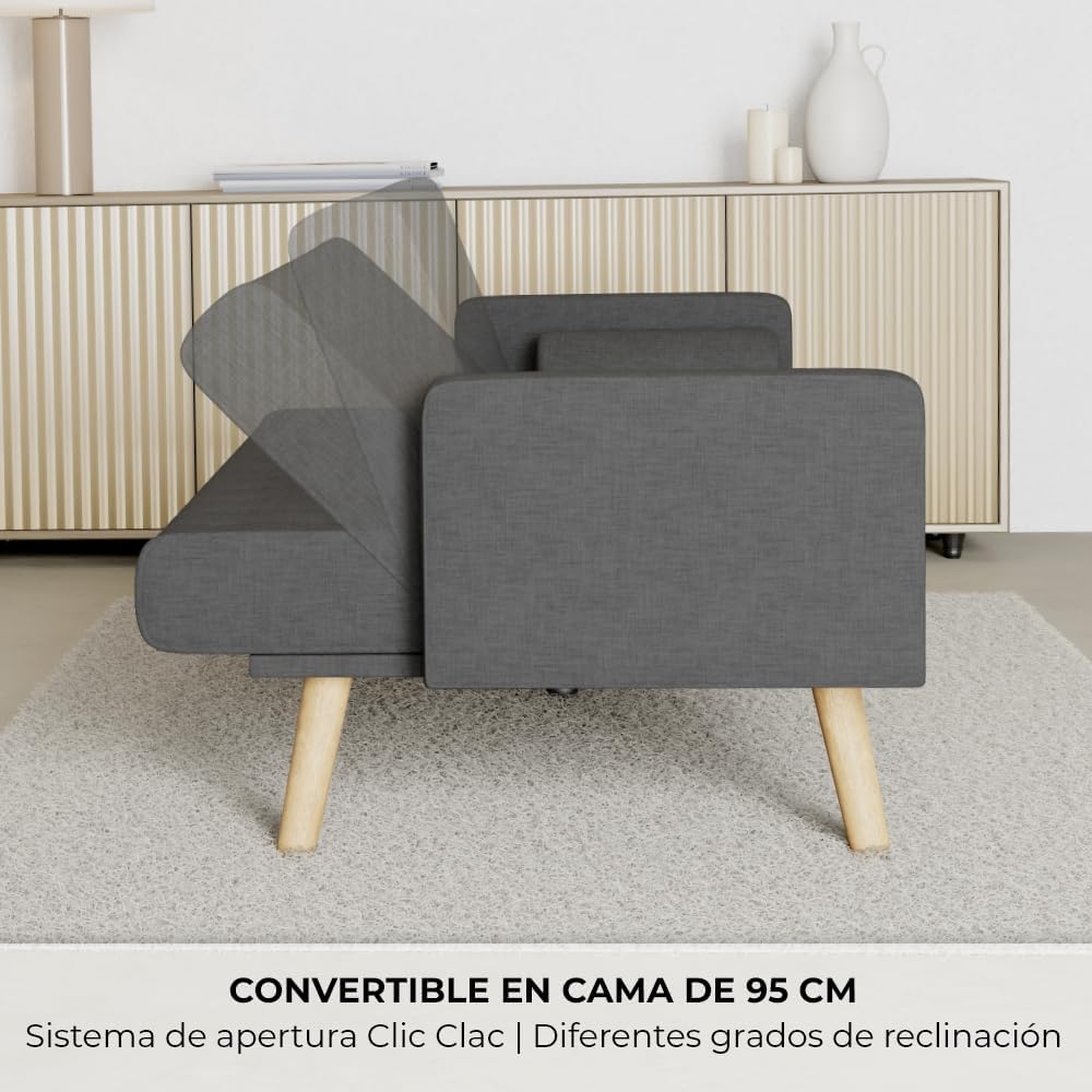 Nalui – 3-Sitzer-Schlafsofa, gepolstert, 203 x 82 x 78 cm, One Dots, mit 2 Kissen und Klick-Klack-Öffnungsmechanismus mit mehreren Liegepositionen. Chaiselongue-Schlafsofa mit Holzbeinen, umwandelbar in ein Doppelbett | Beige