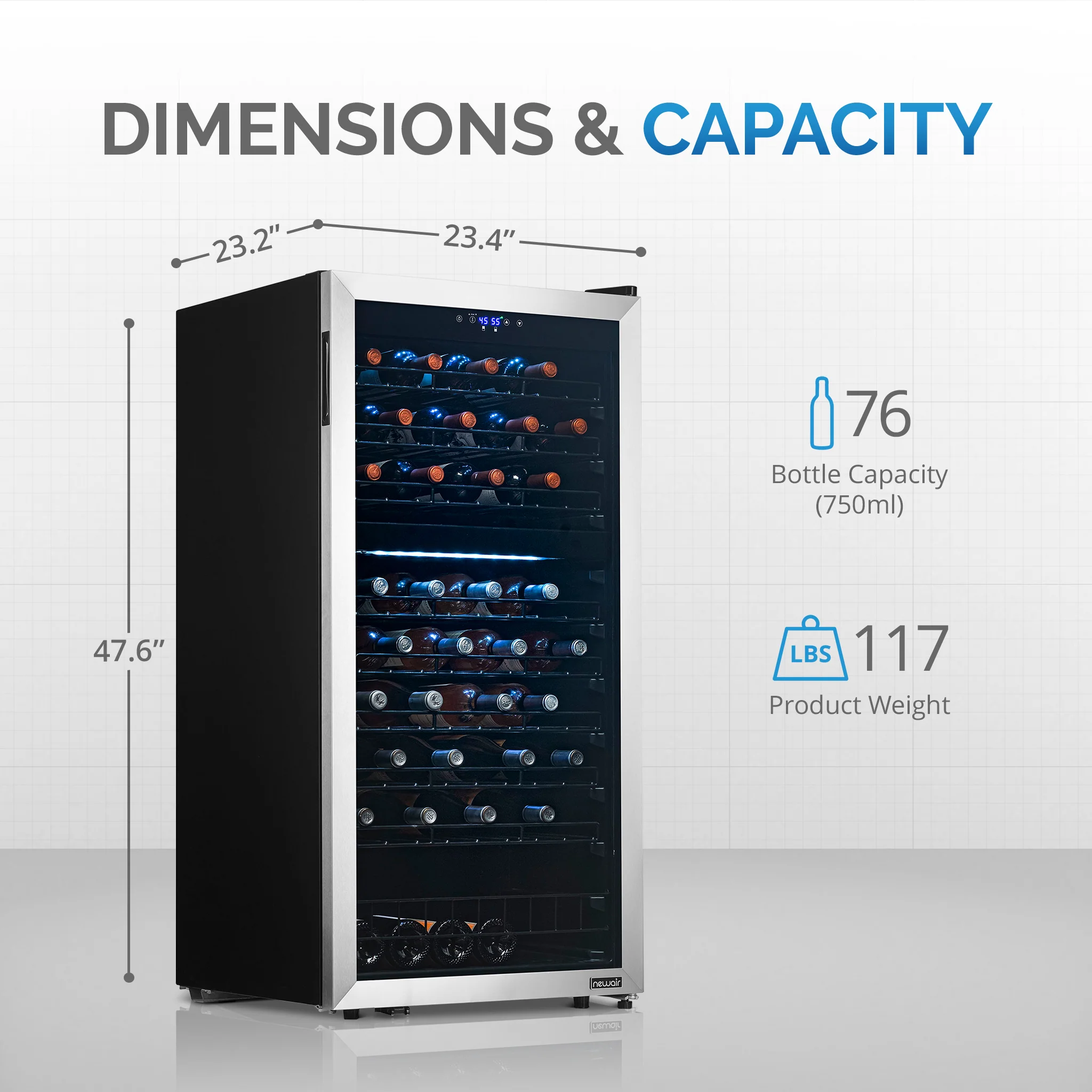 2025 Newair® Fritstående vinkøleskab i rustfrit stål – 76 flasker – 23 med dobbelt zone
