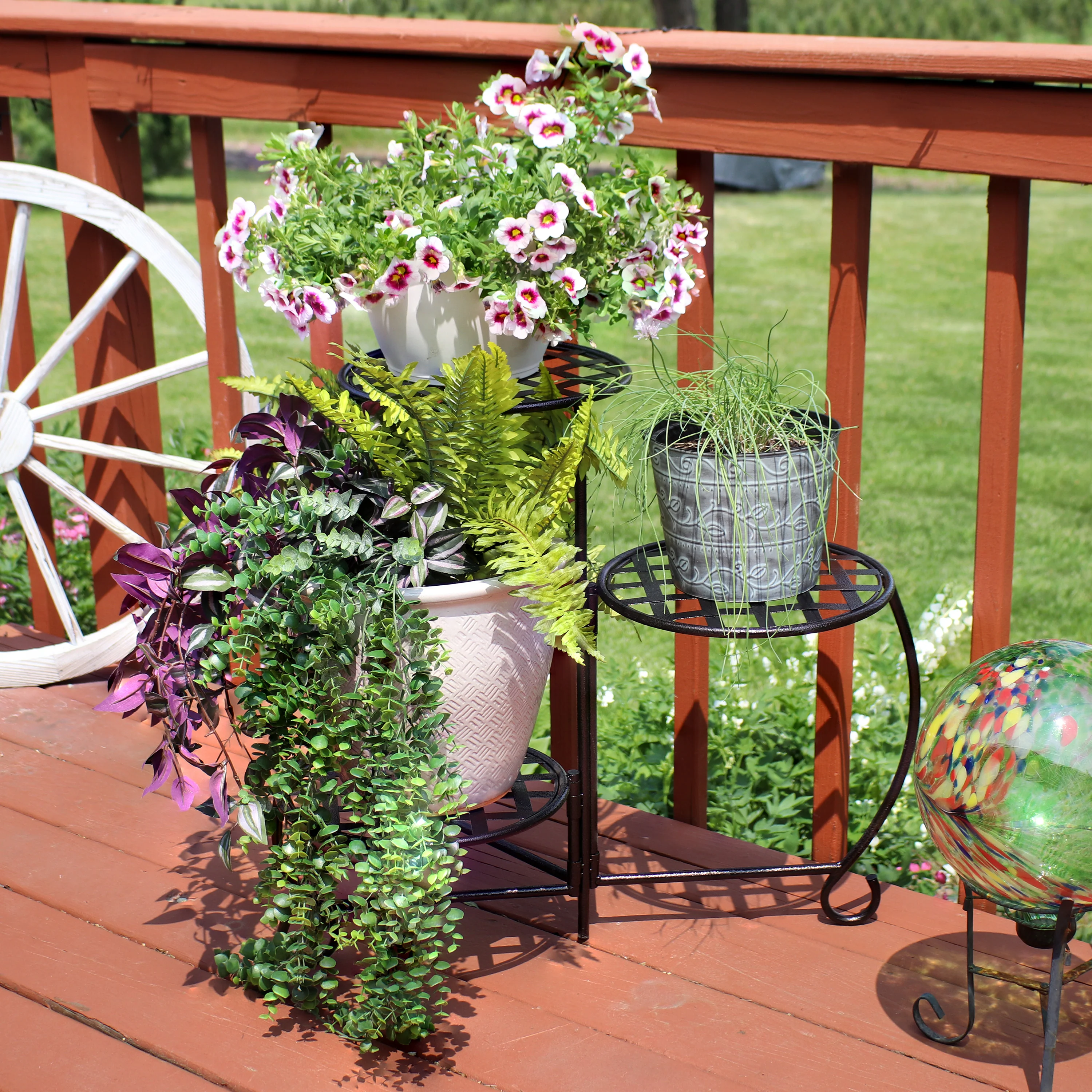 2025 Sunnydaze - Sæt med 2 metalplantestativer med ternet design og bronzefinish