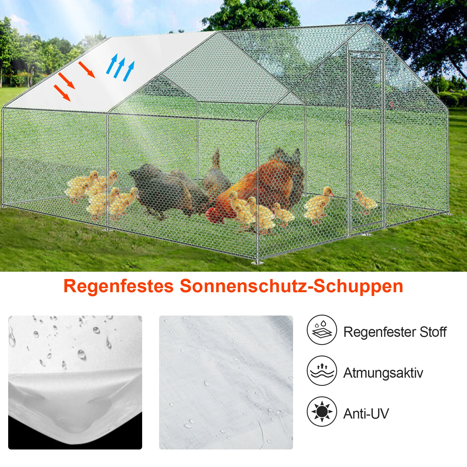 Sonnewelt 2025 Metall-Hühnerstall mit Markise, 3 x 3 x 2 m