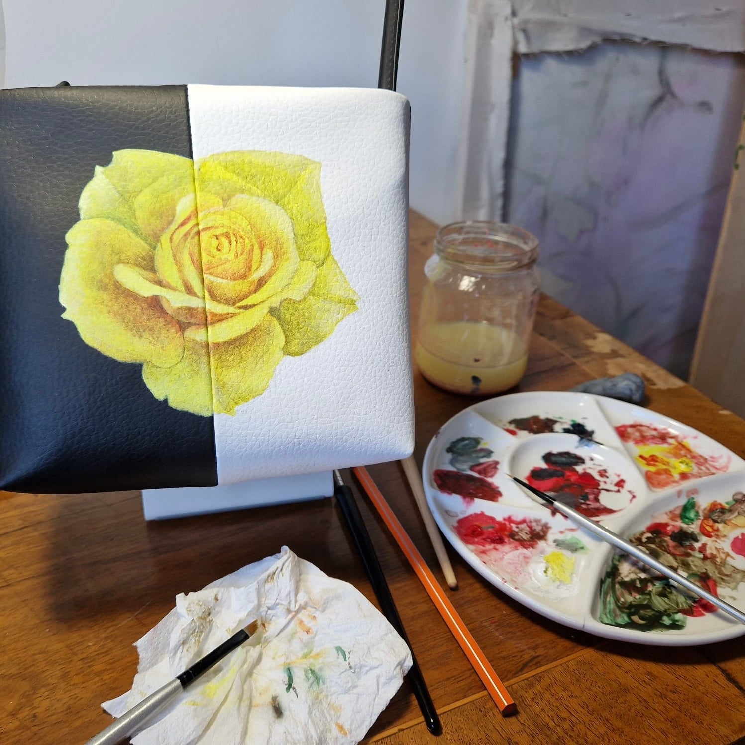 Aria - Sustainable Apple Skin Leather Hand Painted Yellow Rose Bag