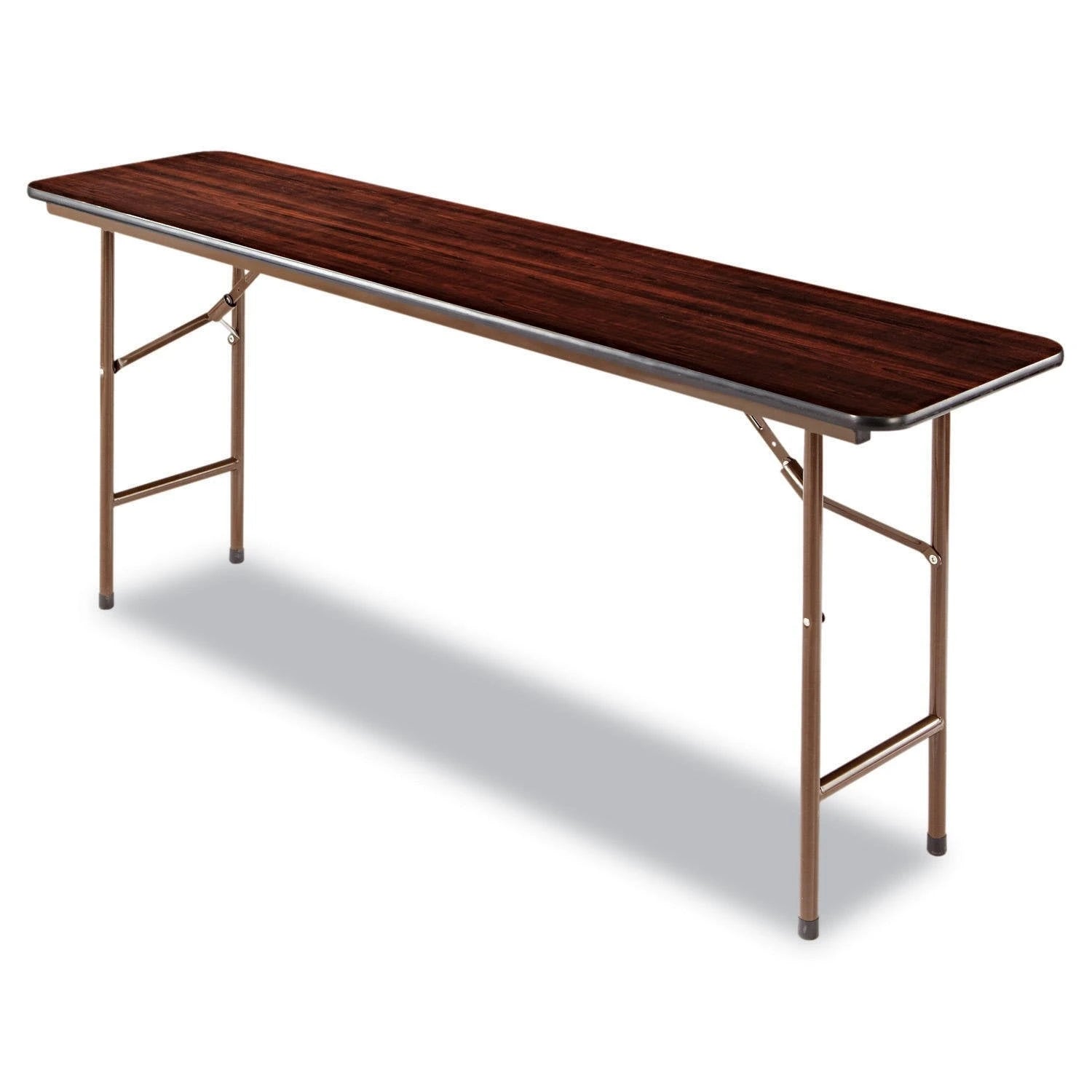 Table pliante rectangulaire en bois Alera 2025. Largeur : 183 cm ; profondeur : 45 cm ; hauteur : 73 cm. Couleur acajou.