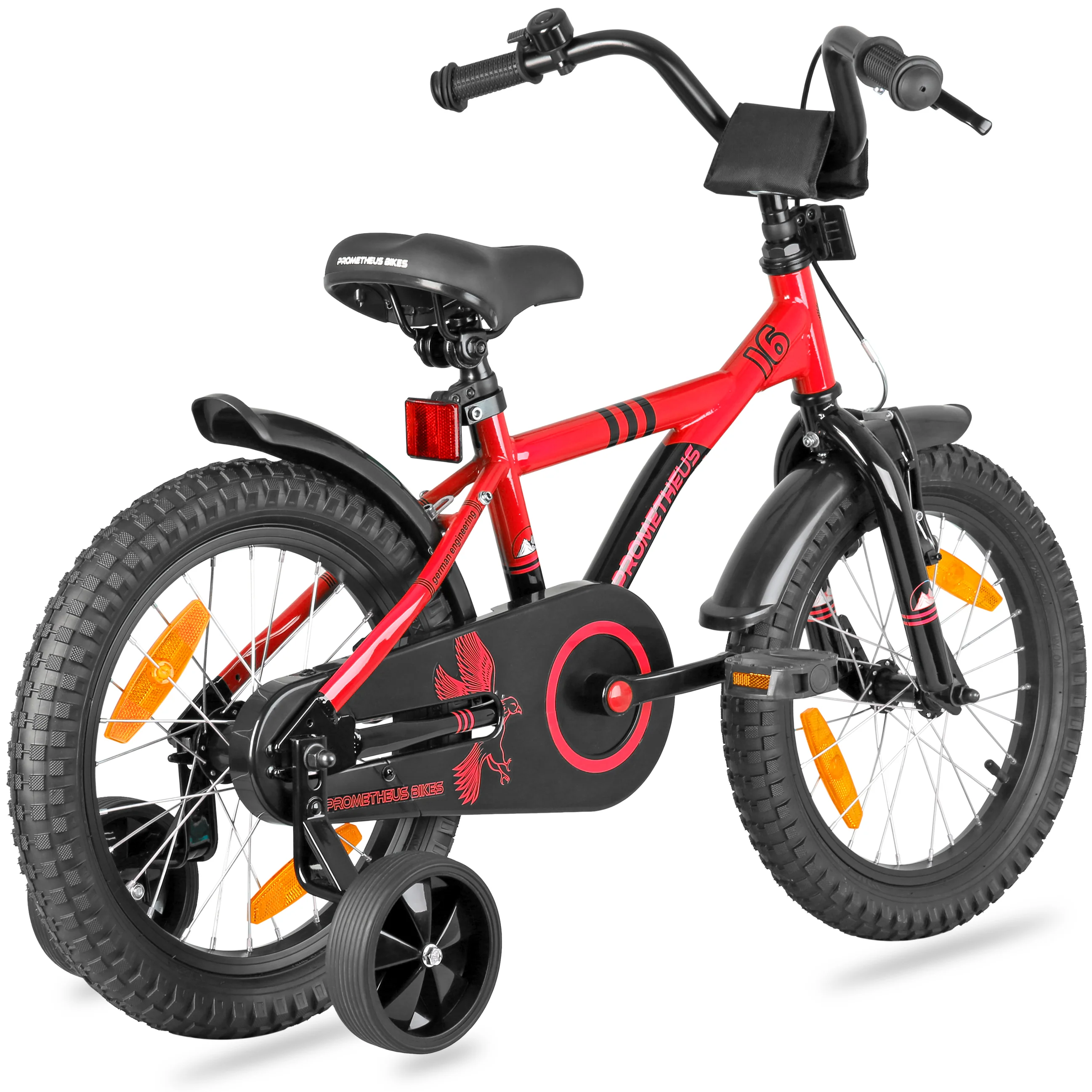 Vélo enfant 2025 de 16 pouces avec stabilisateurs. Rouge et noir. 4-5 ans.