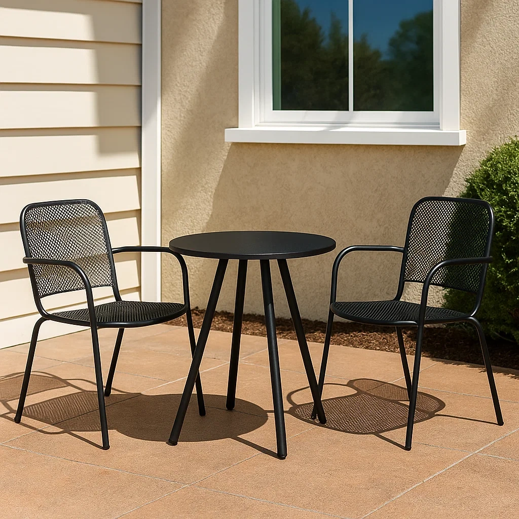 Ensemble de mobilier de jardin, composé de 2 chaises et 1 table, en acier noir, pour usage extérieur, dimensions de la table : 60 x 75 cm, dimensions des chaises : 45 x 45 x 85 cm - 9oGmtjMC95zU
