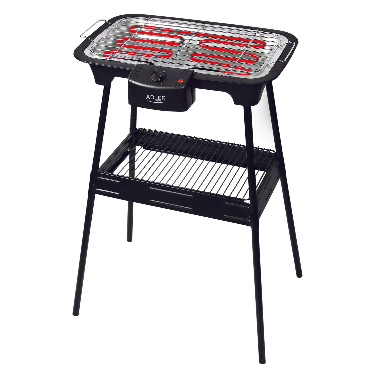 Elektrischer Grill mit Beinen, verchromtem Grillrost, Temperaturregelung, für drinnen und draußen, abnehmbar, schwarz, 2000 W, Adler AD 6602