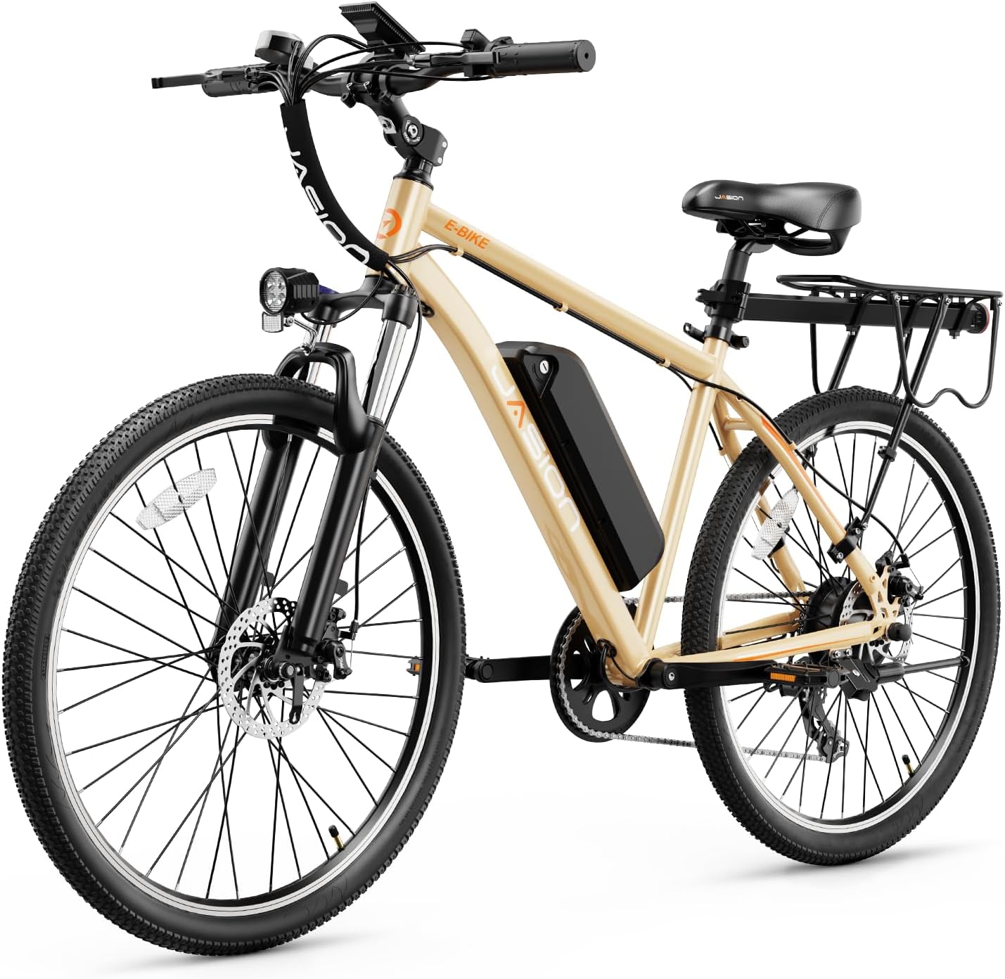 Vélo électrique Jasion EB5 pour adultes avec batterie amovible de 360 ​​Wh, 64 km, 32 km/h, VTT électrique de ville avec moteur de 350 W, 7 vitesses, pneus de 26 pouces et suspension avant.