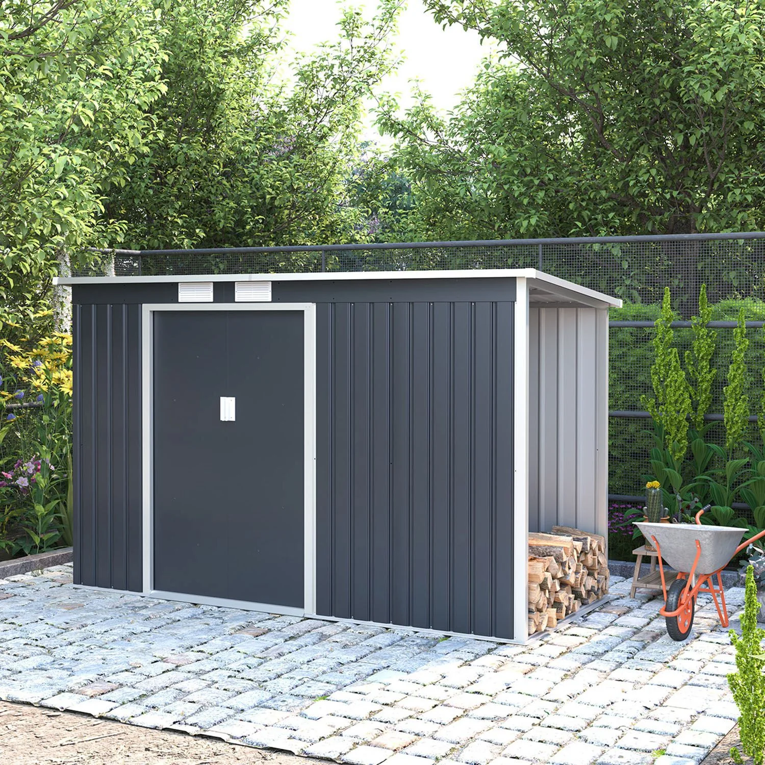 Abri de jardin métallique 2025 avec rangement pour bûches