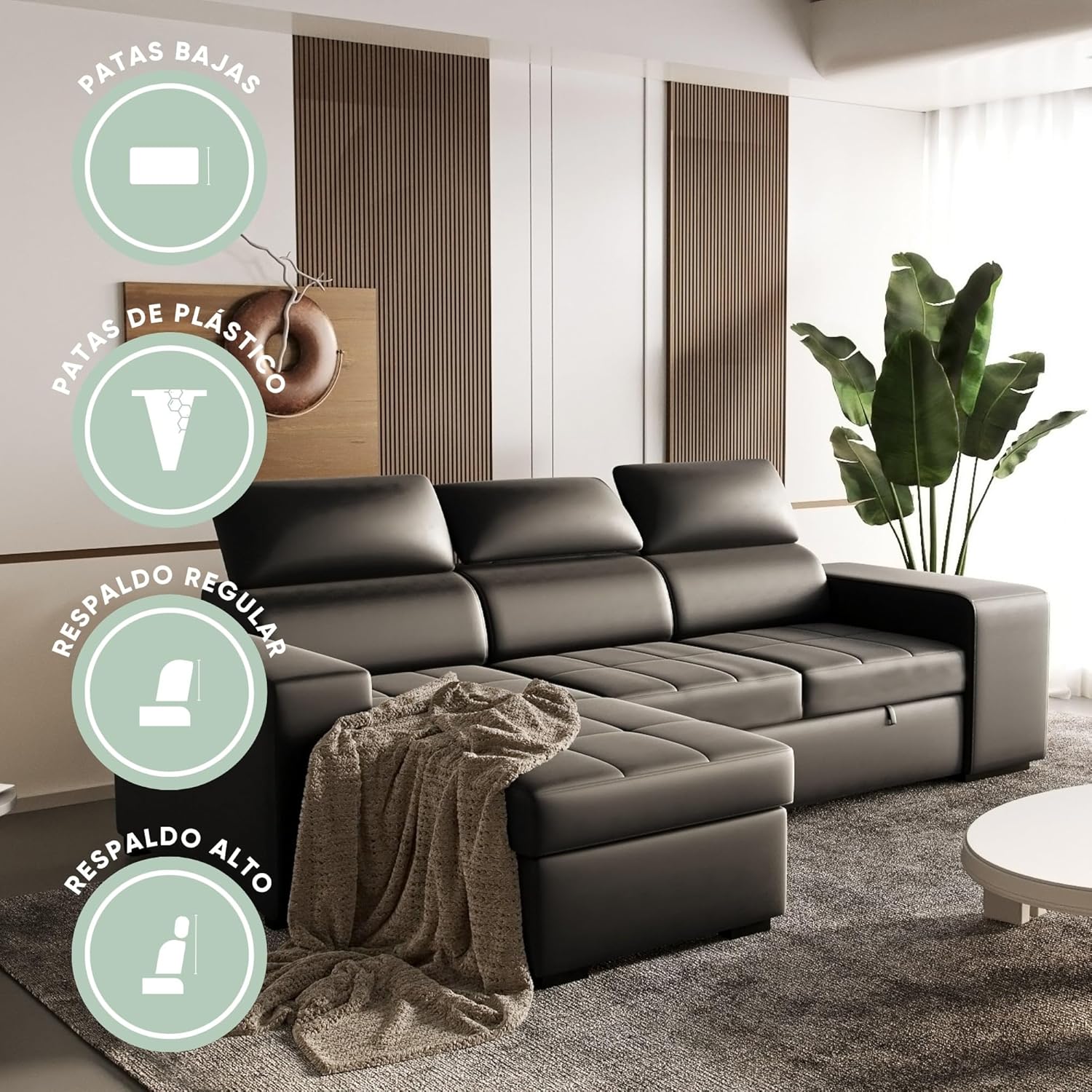 BUDWING John 4-Sitzer Ecksofa mit Schlaffunktion – Wendbare Chaiselongue, verstellbare Kopfstütze und 2 Hocker – Polyurethanbezug – Modernes Design – 263 x 161 x 96 cm – Schwarz