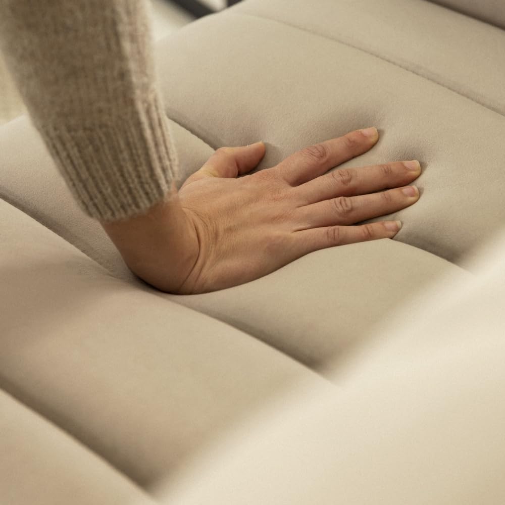 Nalui – Gepolstertes 3-Sitzer-Schlafsofa 210 x 80 x 79 cm, einlagig, 2 Kissen, Klick-Klack-Öffnungsmechanismus mit verstellbarer Rückenlehne. Samt-Chaiselongue-Schlafsofa, umwandelbar in ein Doppelbett | Beige