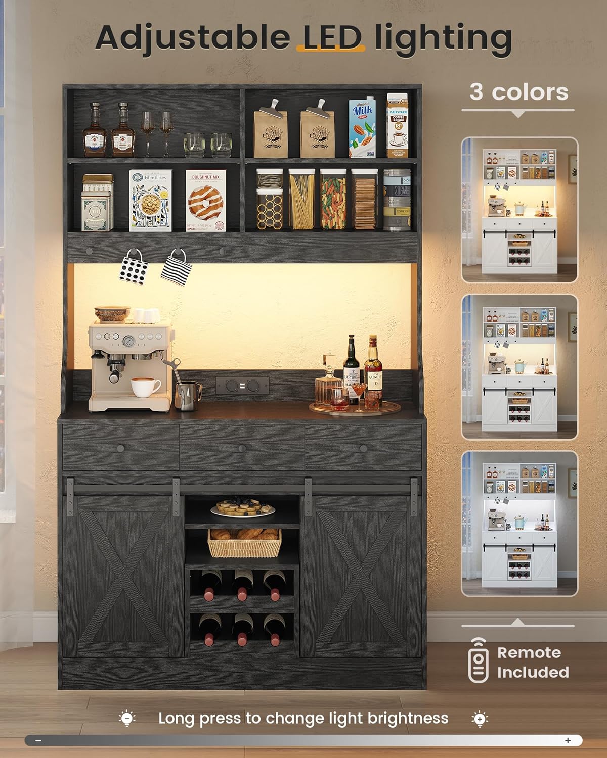 Küchenschrank, Küchen-Sideboard mit LED-Beleuchtung, Steckdosen, Buffet-Schrank, ausziehbarem Weinregal, 3 Schubladen, verstellbaren Einlegeböden, Küche, Wohnzimmer, Esszimmer, 103,5 x 40 x 180 cm, Schwarz