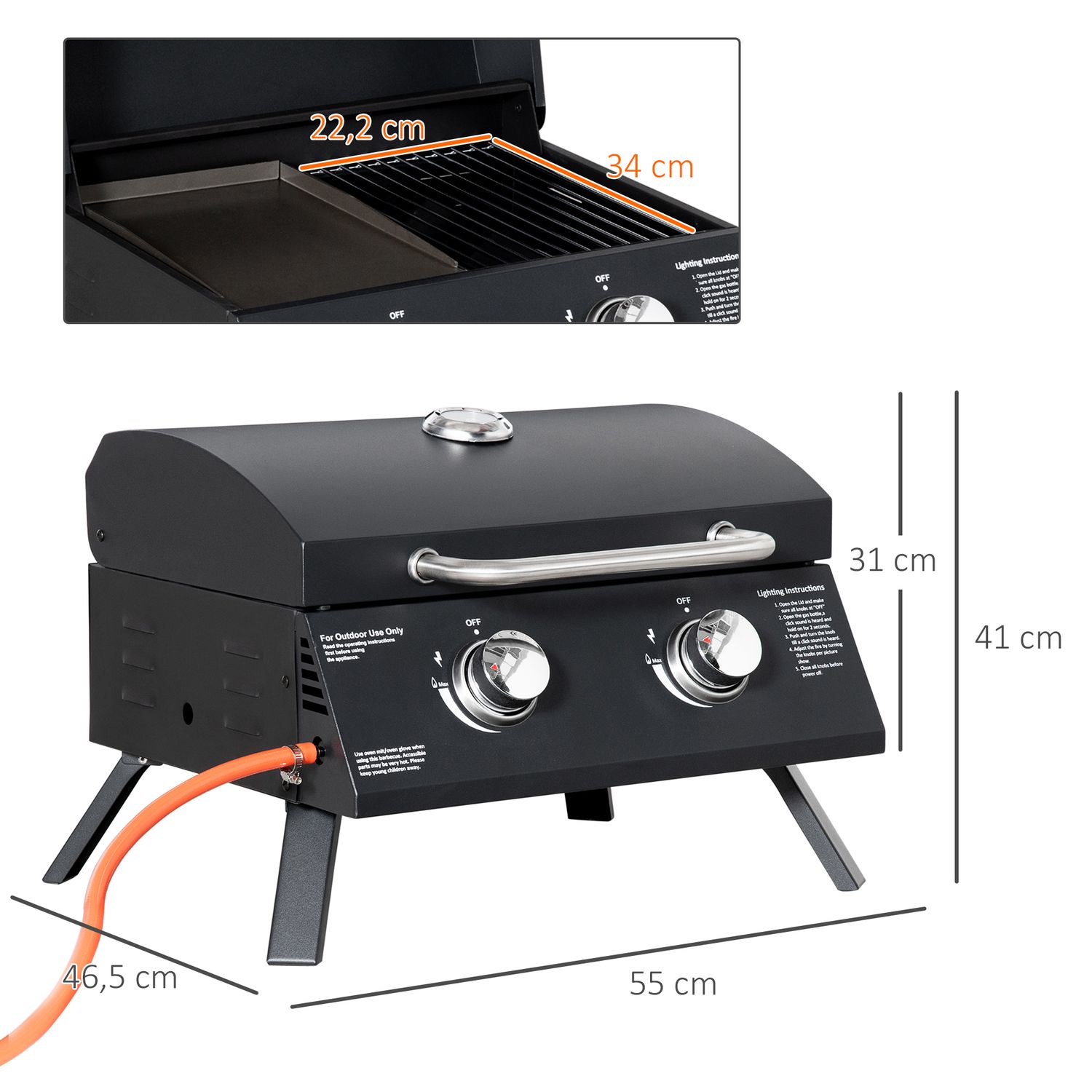 Gas-Tischgrill aus Kohlenstoffstahl, 55 x 46,5 x 41 cm – outsunny.black
