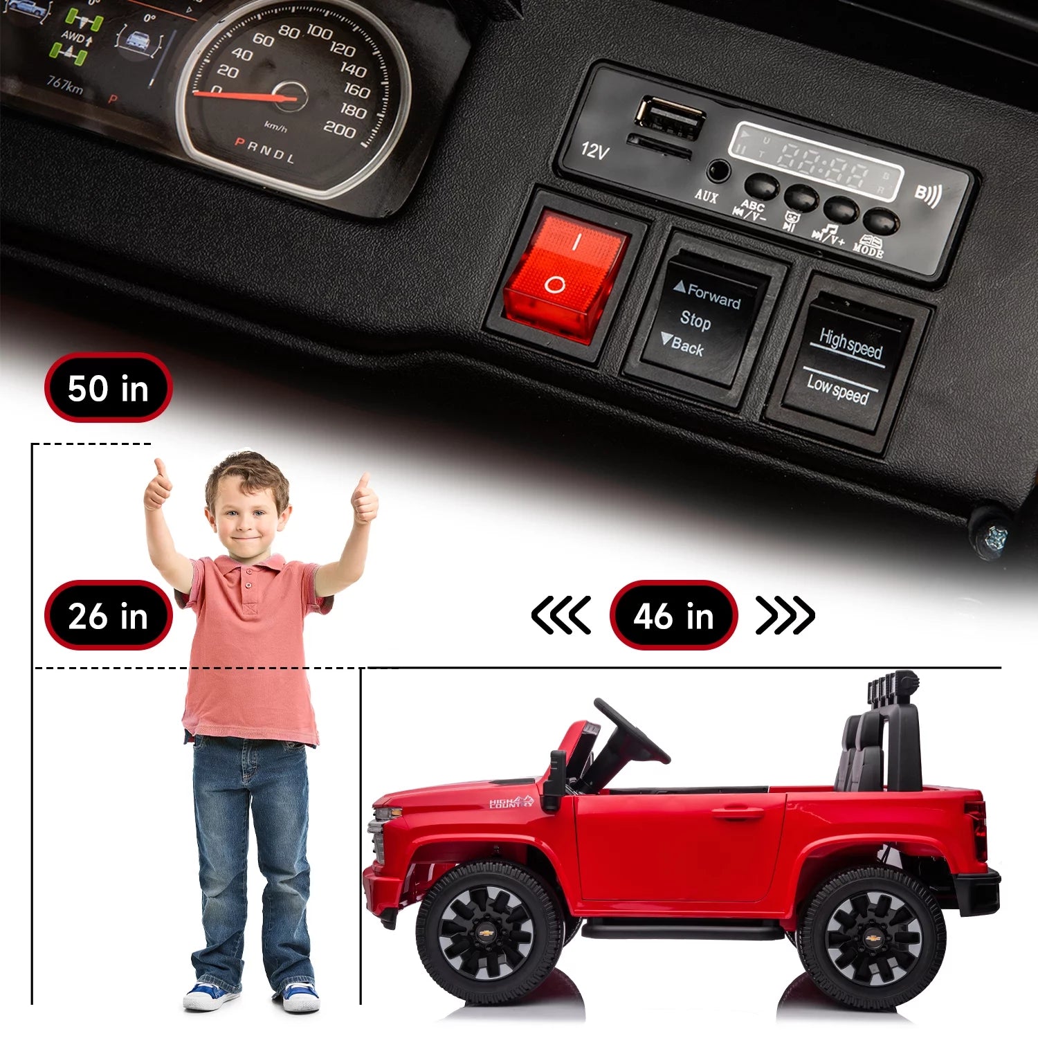 Voiture électrique pour enfants Track 7 24 V, camion Silverado HD sous licence pour 2 passagers, télécommande, musique, ABC, rouge