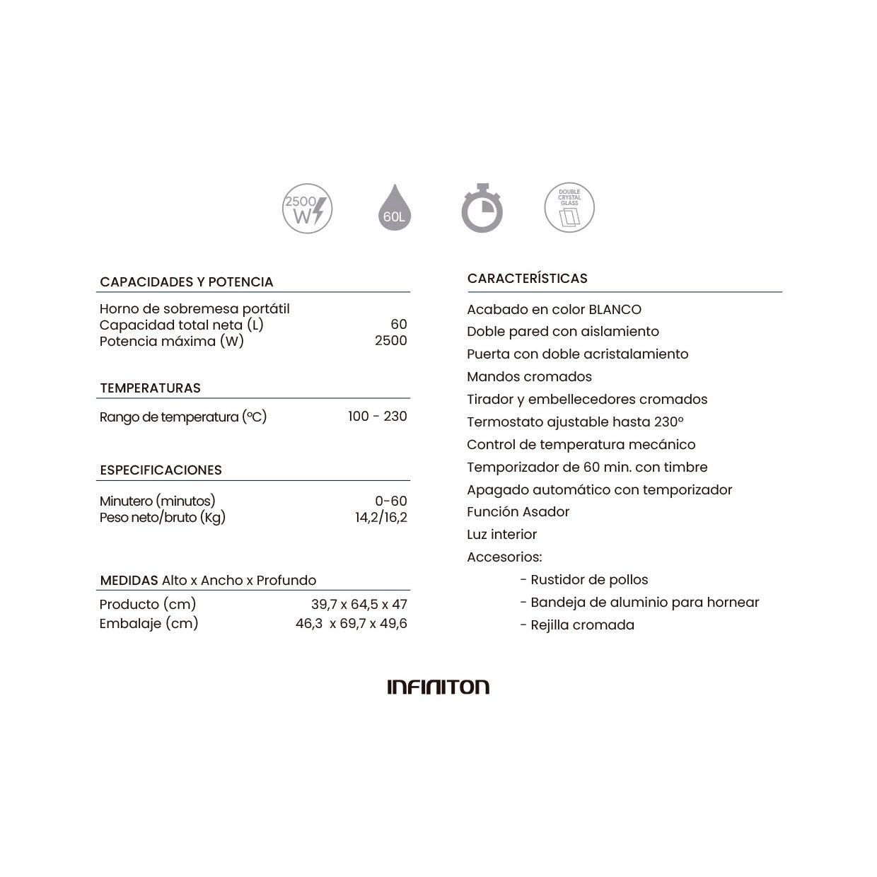 Infiniton HSM-A60B – Tischbackofen, Weiß, 60 l, 2500 W, Konvektion, Bräterfunktion, Drehspieß, Doppelverglasung, Innenbeleuchtung, 60-Minuten-Timer.