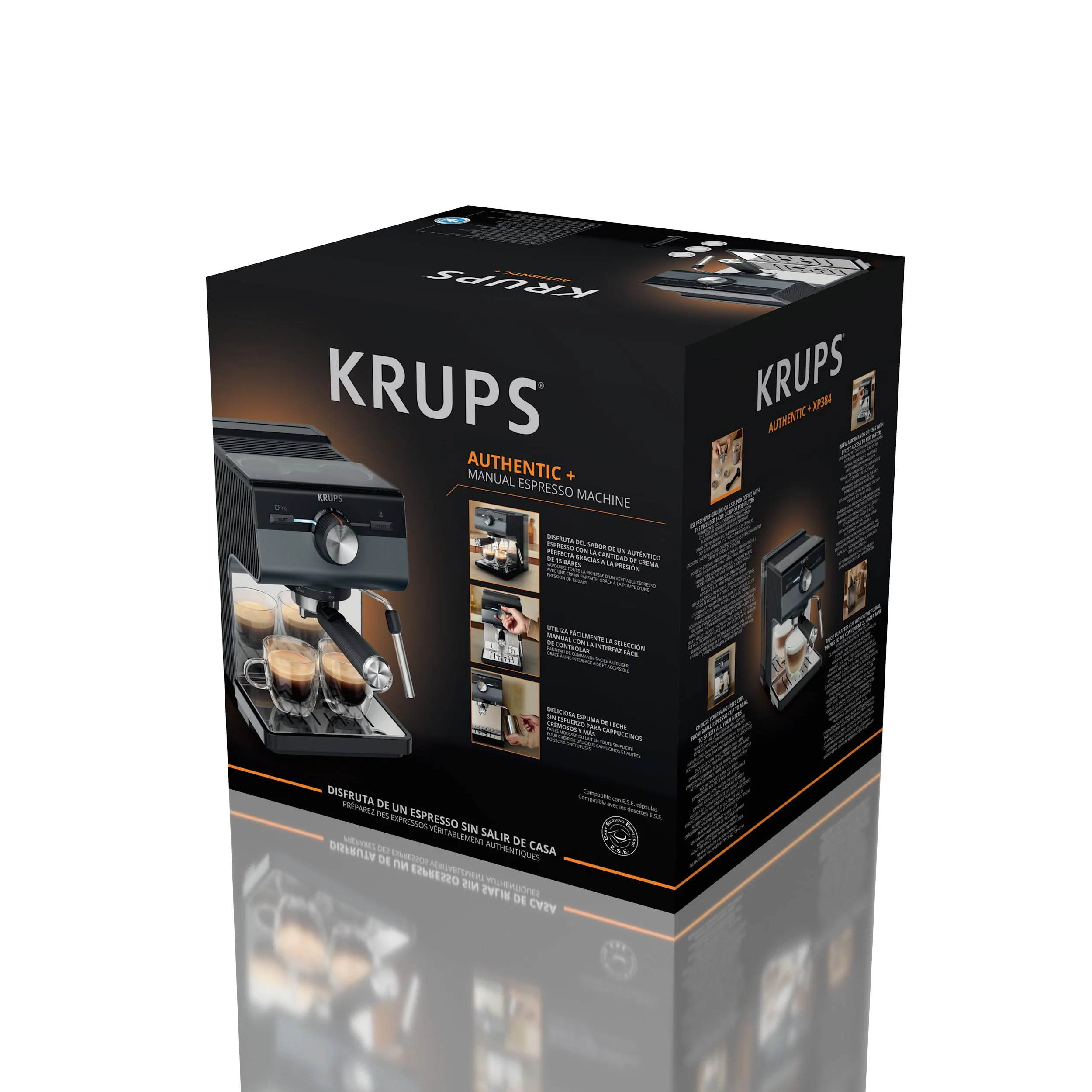 Machine à expresso Krups Virtuoso Essential - 15 bars. Acier inoxydable noir. Design compact et élégant. Arrêt automatique. Expresso et cappuccino. Thermobloc. Buse vapeur. Doseur inclus. XP4418