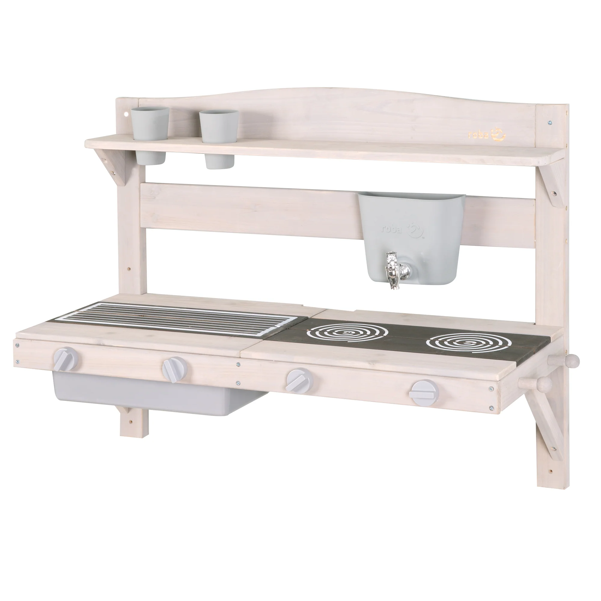 Hängende Spielküche und Tontopf – FSC-zertifiziertes Holz – gravierte graue Oberfläche