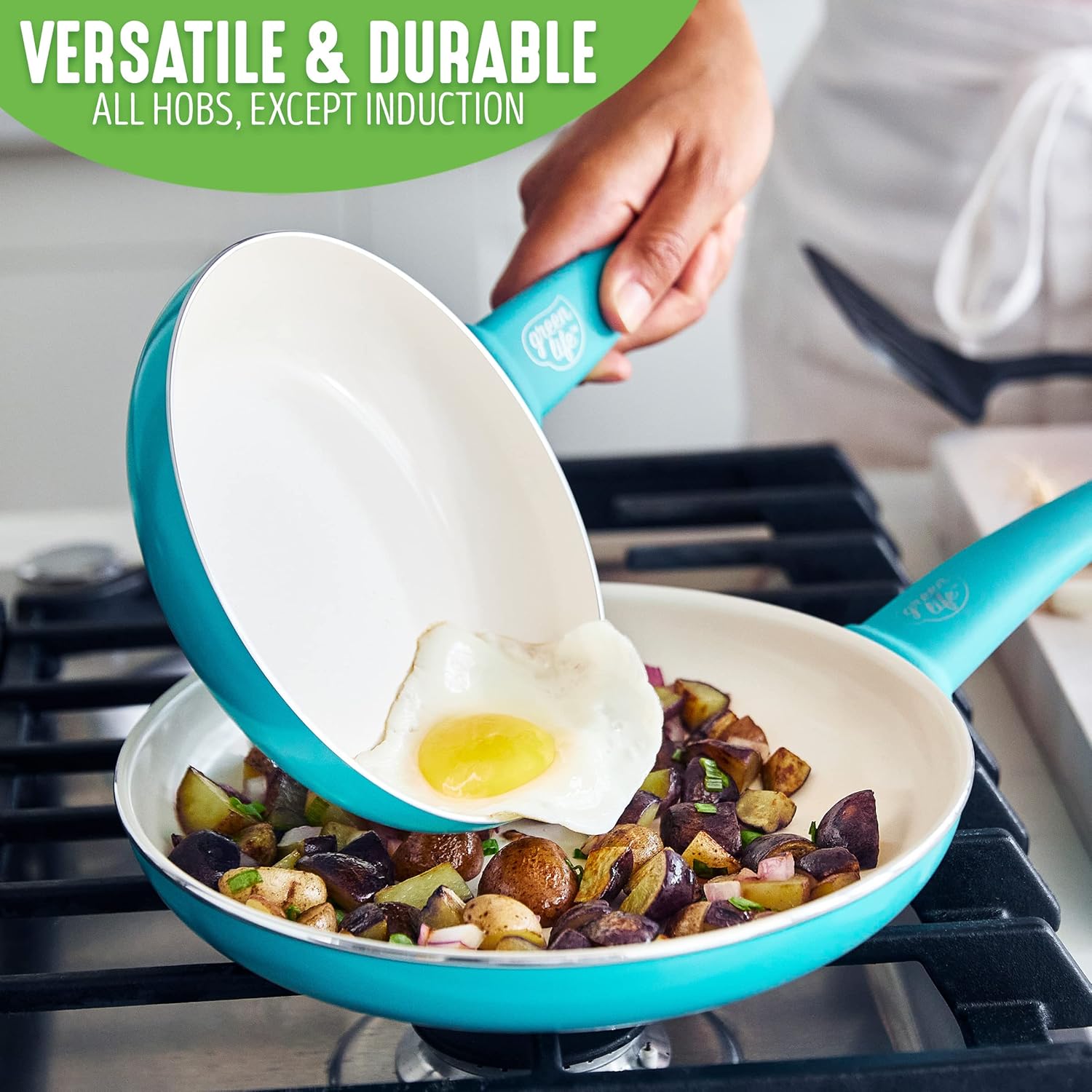 GreenLife Soft Grip 16-teiliges Antihaft-Keramik-Kochgeschirr-Set, bestehend aus Bratpfanne, Stielkasserolle und Topf, PFAS-frei, spülmaschinenfest, ofenfest, türkis