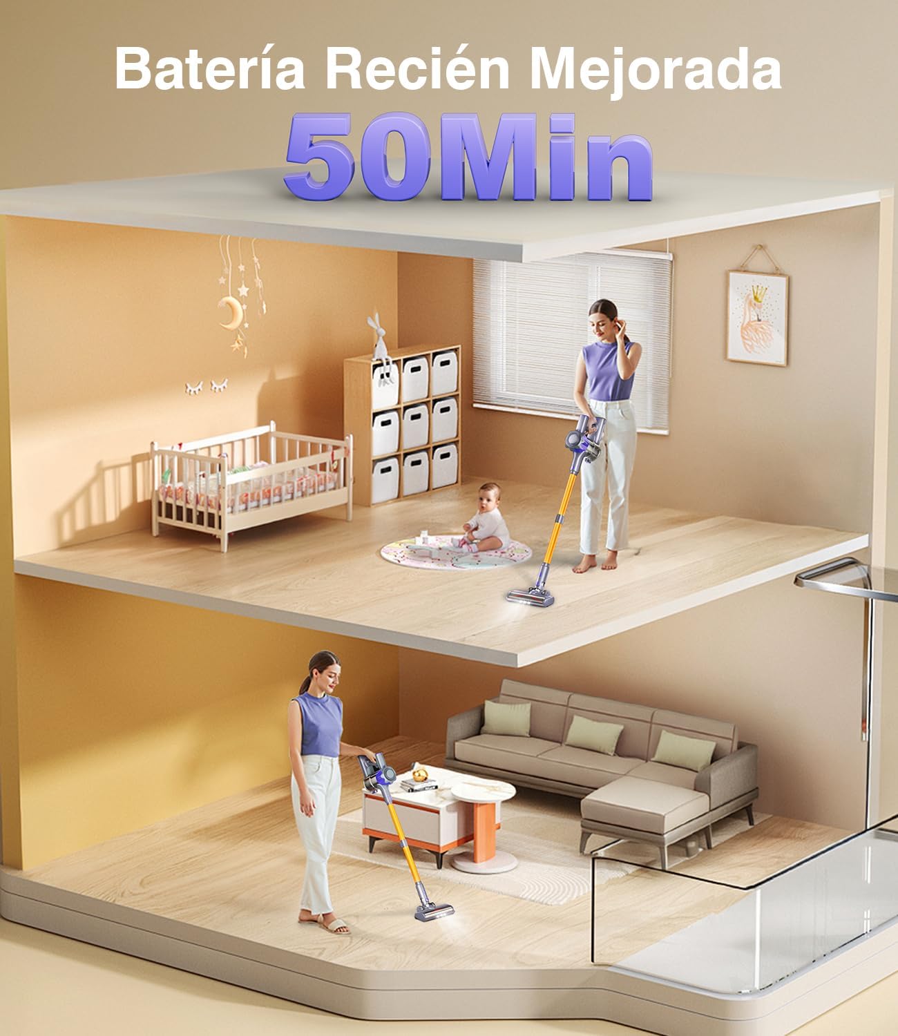 Tdyon Akku-Staubsauger 40 kPa/450 W, leistungsstark bis zu 50 Minuten, mit Smart-Display und Anti-Verwicklungs-Bürste, für Teppiche, Tierhaare, Böden und Sofas [Energieeffizienzklasse A+++]