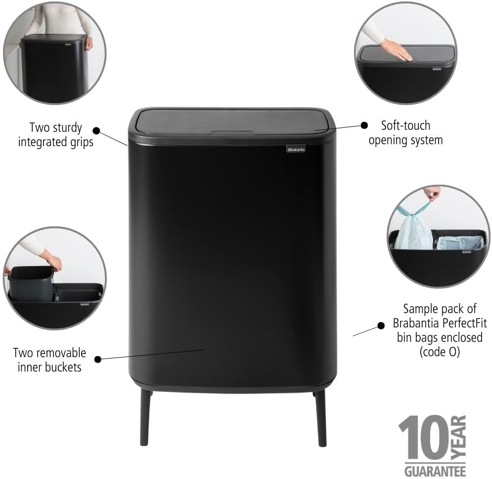 Brabantia Bo Hi Touch Ein-Knopf-Öffnungsmechanismus, 2 x 30-Liter-Abfalleimer mit Füßen, weiß