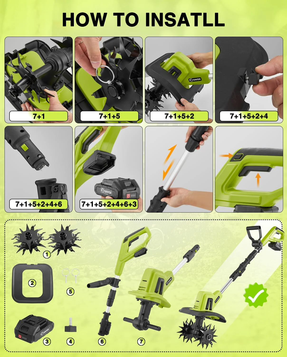 Motobineuse Électrique Sans Fil Saker 22V. Motoculteur Léger pour Jardinage. Largeur de Travail 9 pouces. Profondeur 6,3 pouces pour Préparation du Sol. Désherbage et Jardinage. avec 2 piles SK-TC18B