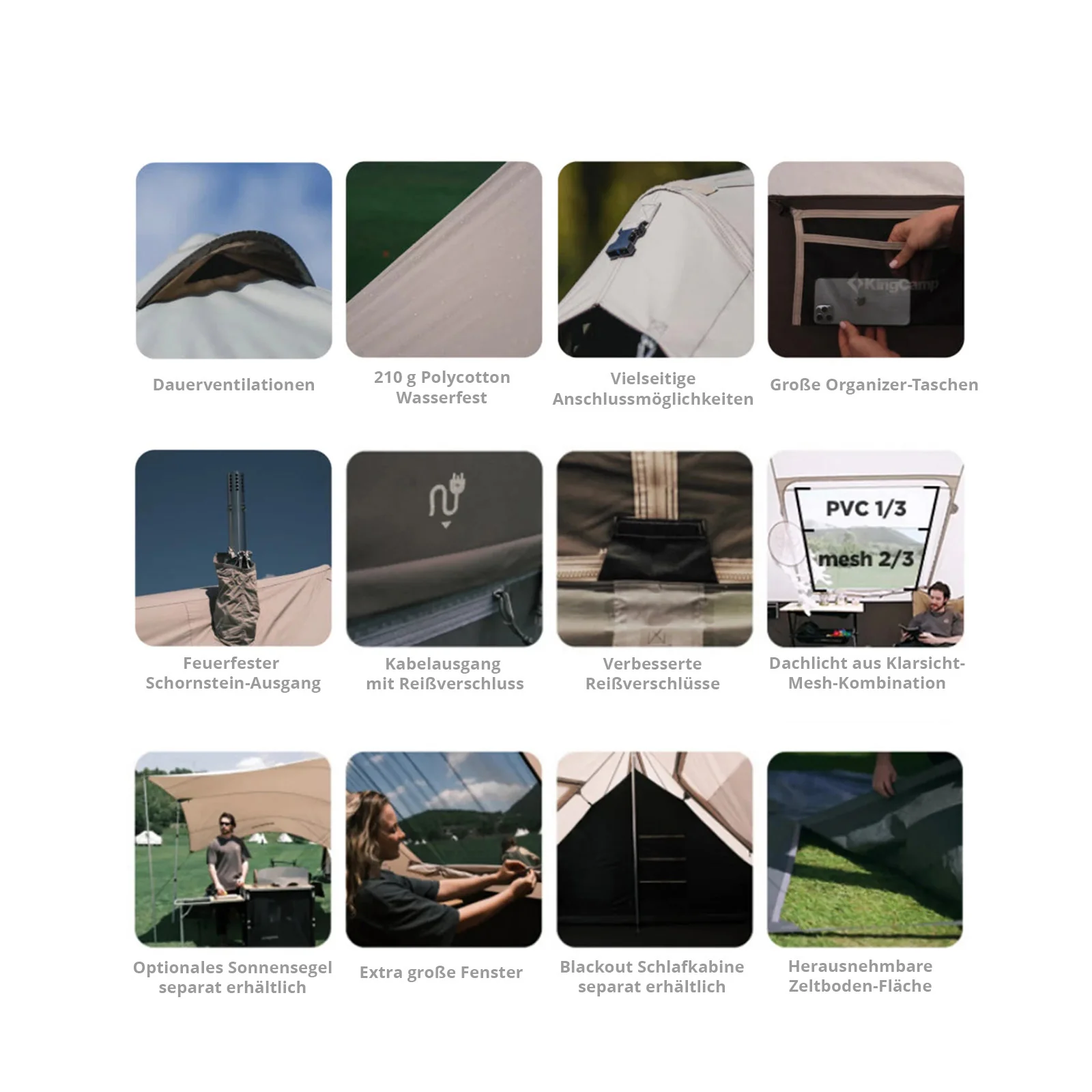 2025 KingCamp Khan Villa – Luxuriöses Glamping-Gruppenzelt mit 240 cm Innenhöhe, Kaminabzug und Seitenwänden aus Netzgewebe für optimale Belüftung