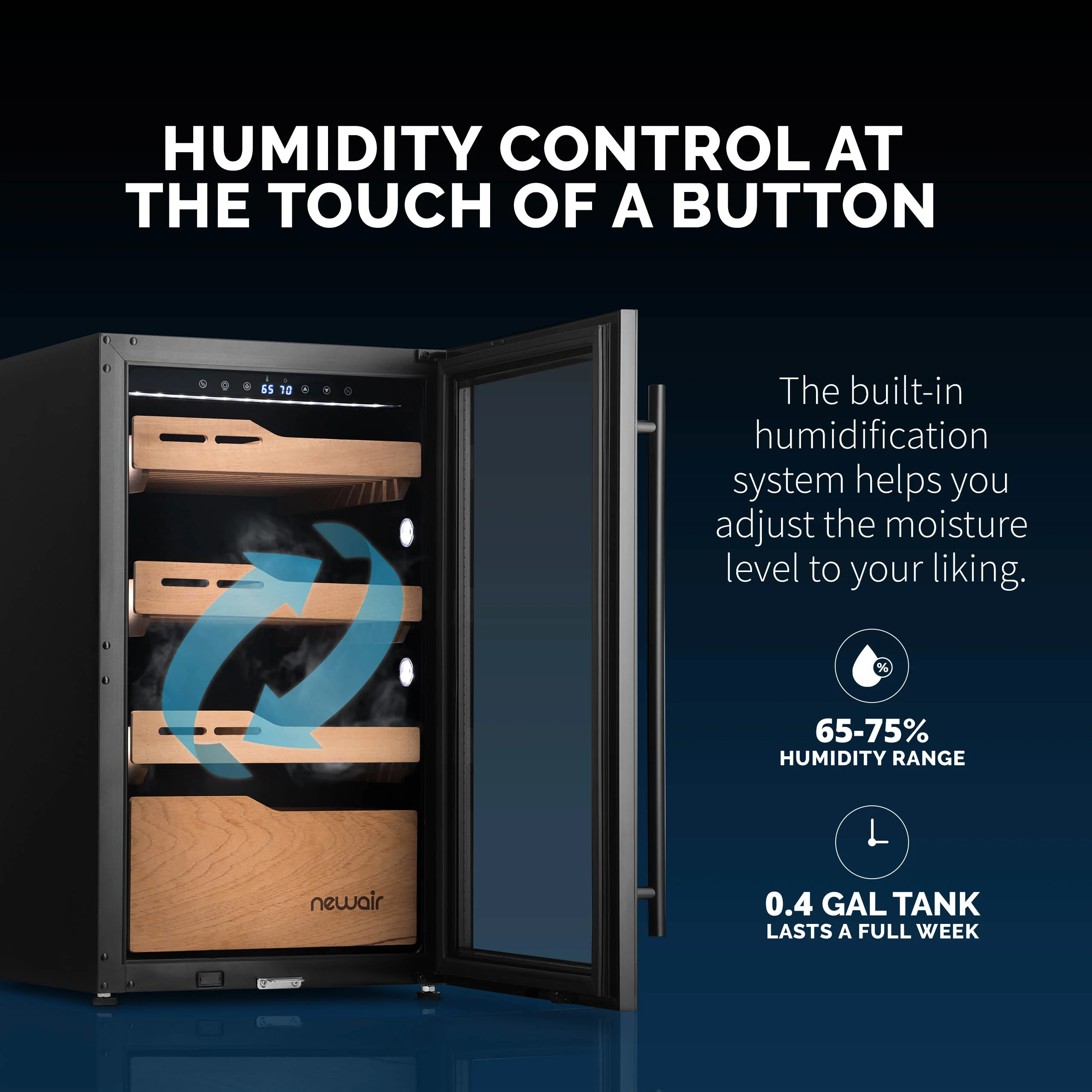 Cave à cigares électrique Newair® 2025. Capacité : 840 cigares. Intégrée.