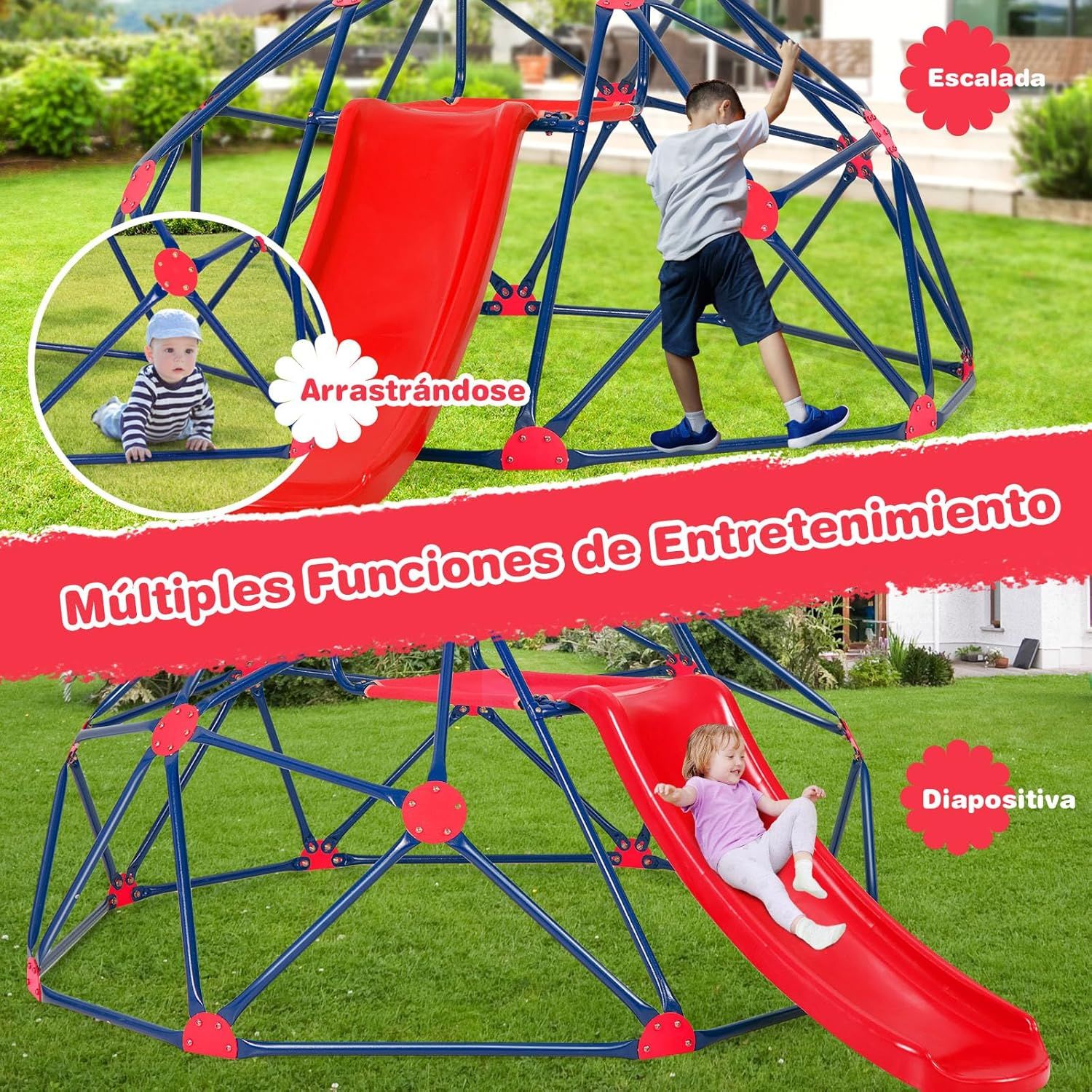 Kletterkuppel, geometrisches Kuppelspielset mit stabiler Rutsche, Costway 242 x 183 x 92 cm, mehrfarbig
