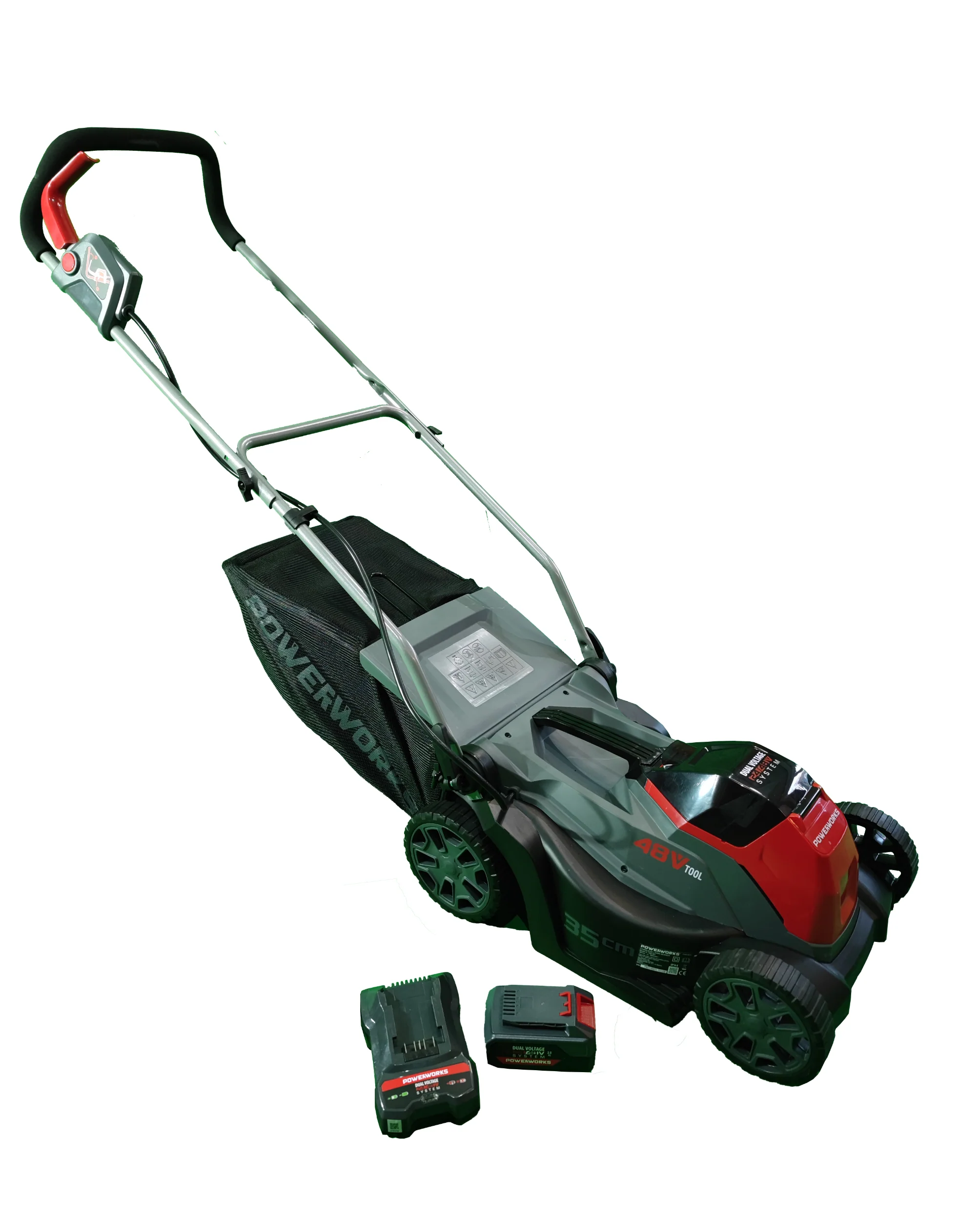 Tondeuse à gazon sans fil Powerworks P48LM35K2 48V (2025). Batterie 48V/2Ah et chargeur inclus.