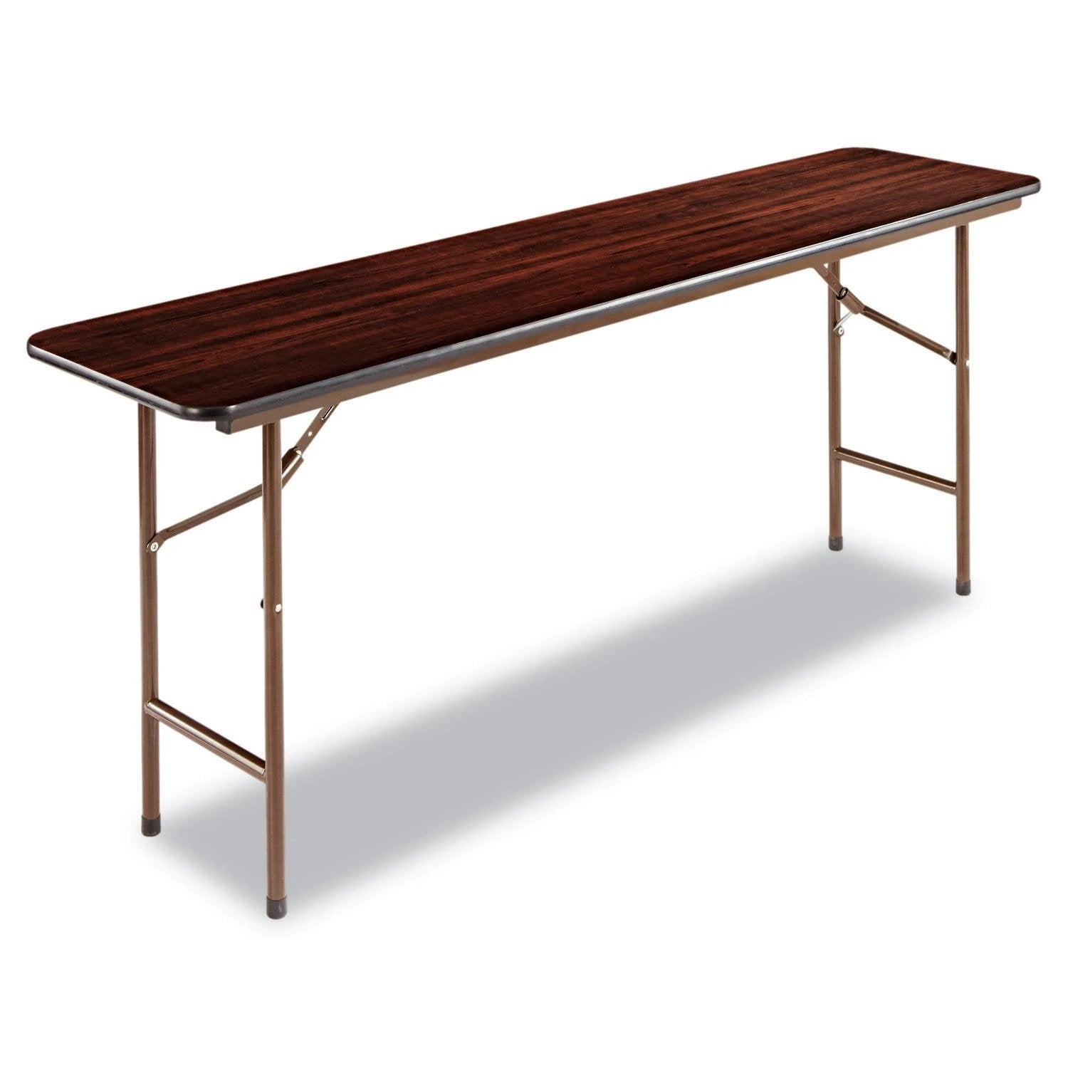 Table pliante rectangulaire en bois Alera 2025. Largeur : 183 cm ; profondeur : 45 cm ; hauteur : 73 cm. Couleur acajou.