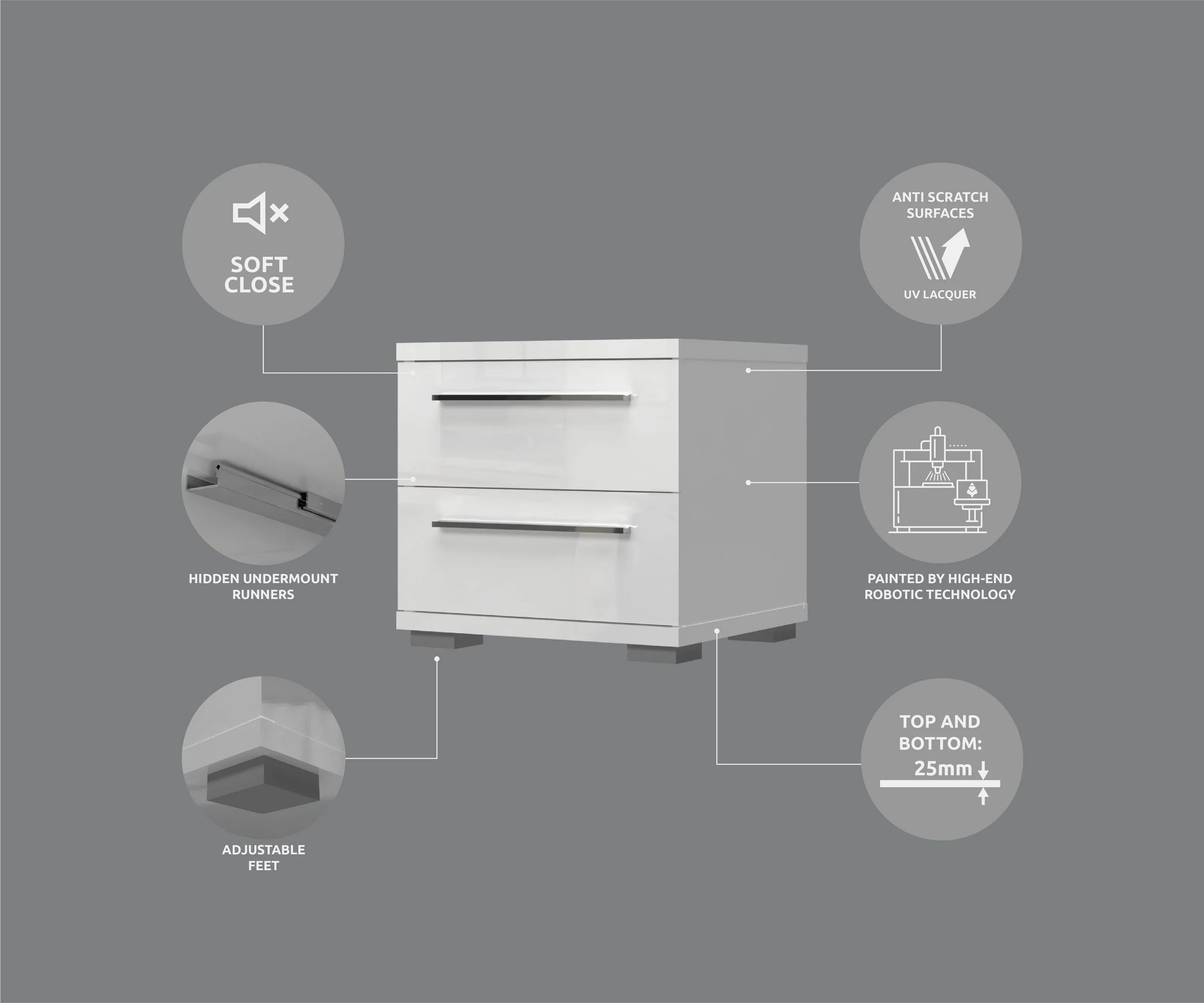 Hochglanzweißer Klaviernachttisch mit 2 Schubladen, 45 cm breit