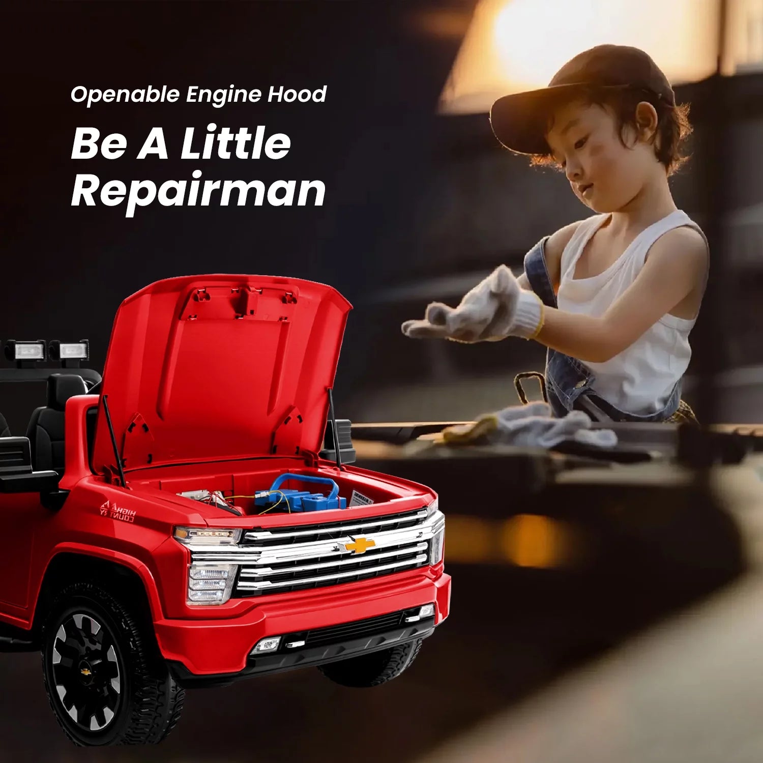 Voiture électrique pour enfants Track 7 24 V, camion Silverado HD sous licence pour 2 passagers, télécommande, musique, ABC, rouge