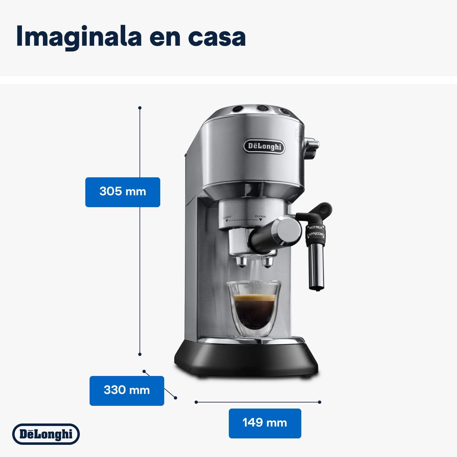 De'Longhi Dedica – Cafetière à pompe en acier inoxydable pour café moulu ou individuel, expresso et cappuccino, réservoir de 1,3 litre, système anti-goutte, modèle EC685.M, couleur métal