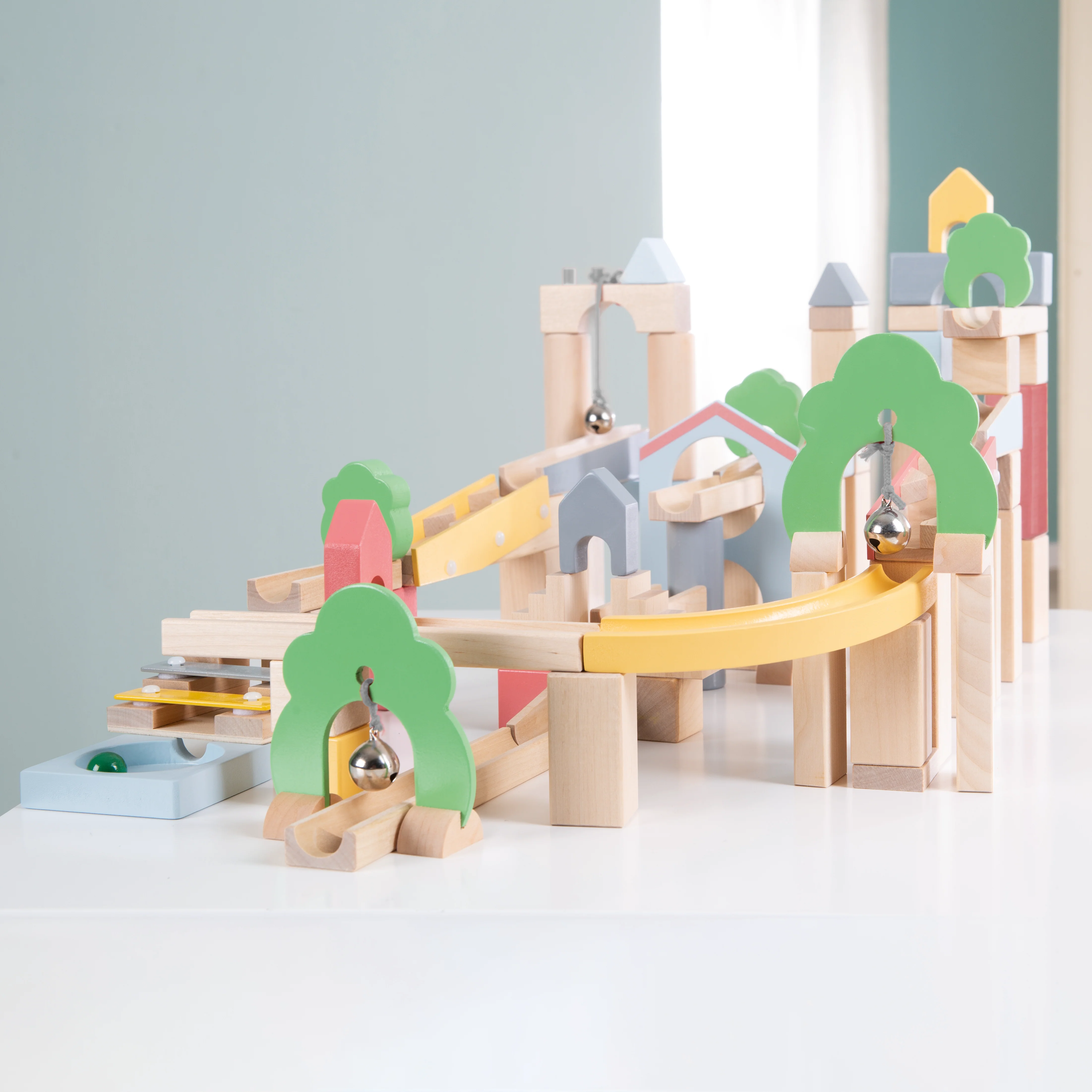 Murmelbahn aus Holz, 60 Teile, inklusive 20-teiligem Erweiterungsset für die Landschaftsgestaltung