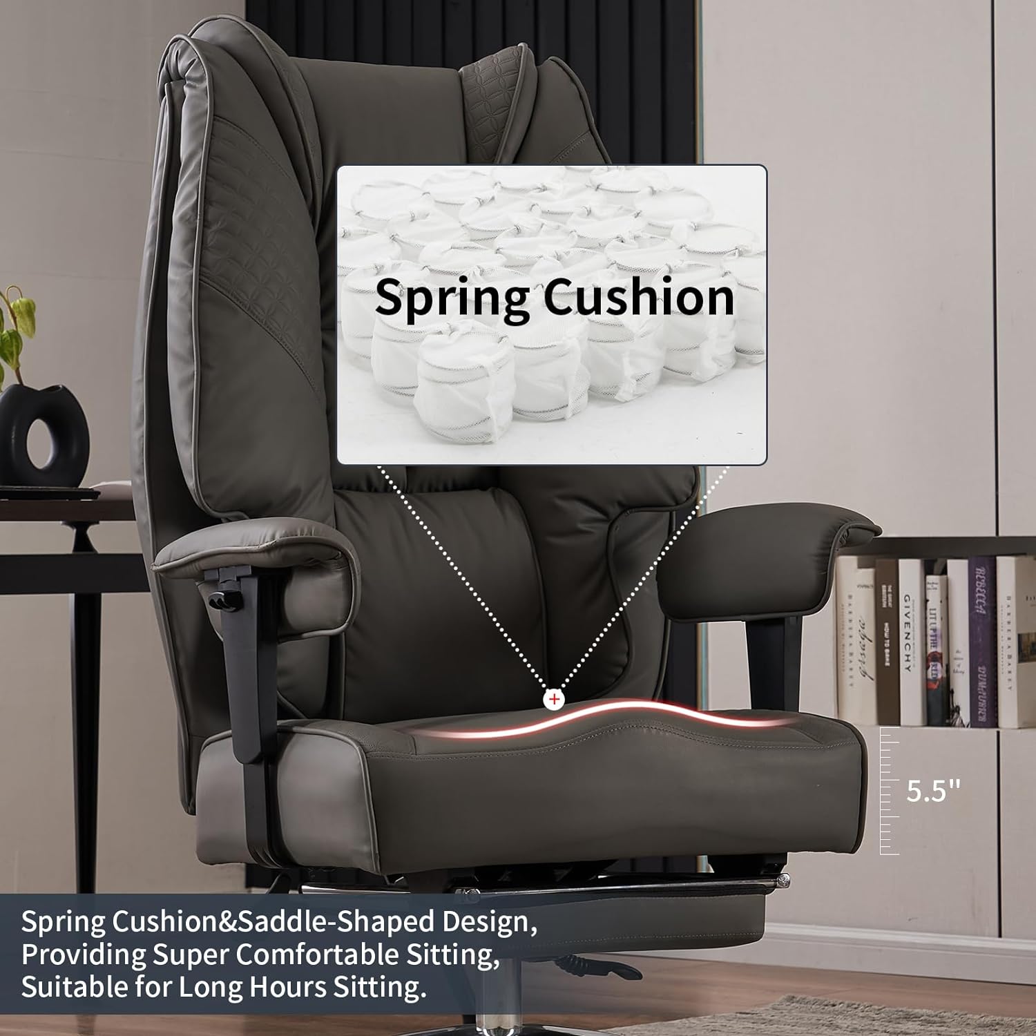 Hoher und breiter Bürostuhl für 181 kg, Chefsessel aus Leder mit hoher Rückenlehne und Fußstütze, ergonomischer Stuhl mit Lendenwirbelstütze zur Linderung von Rückenschmerzen (Beige)