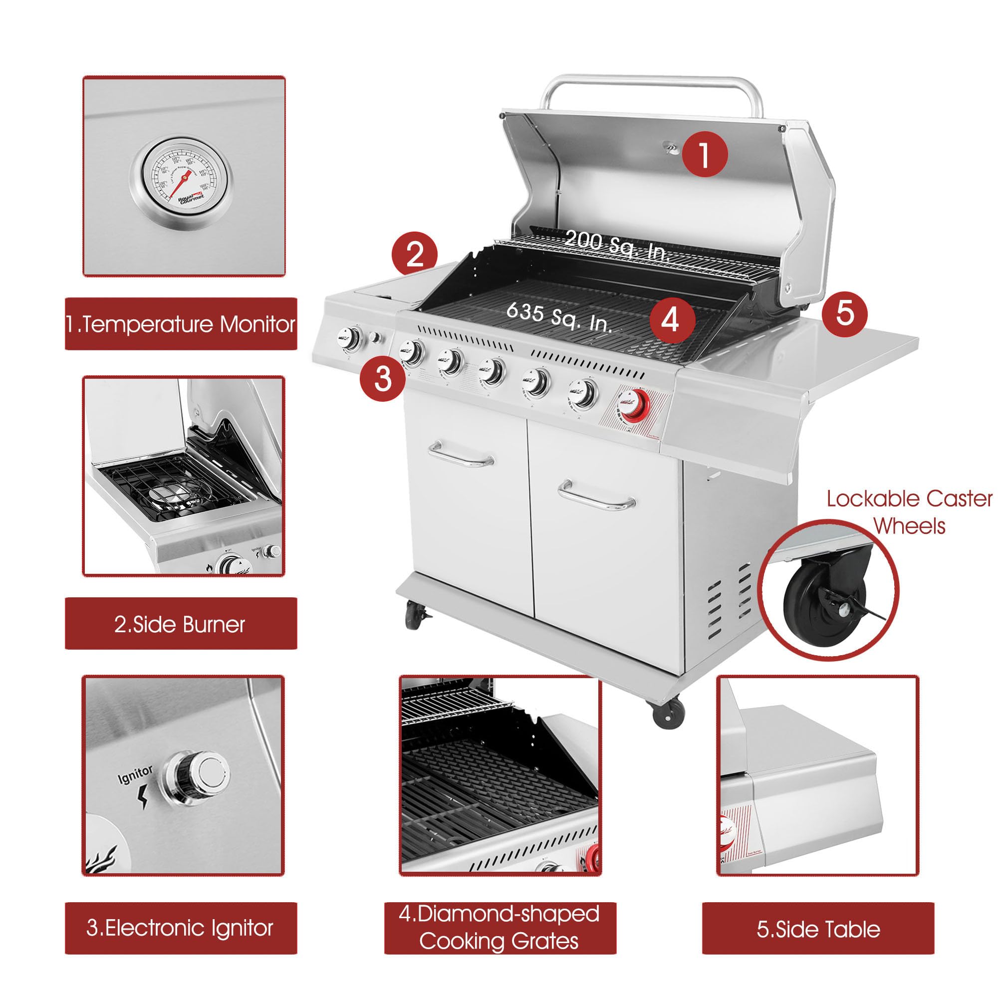 2025 Royal Gourmet GA6402S gasgrill i rustfrit stål. Premier propangrill med 6 brændere, searbrænder og sidebrænder. 74.000 BTU. Skabsstil. Udendørs grill. Sølv.