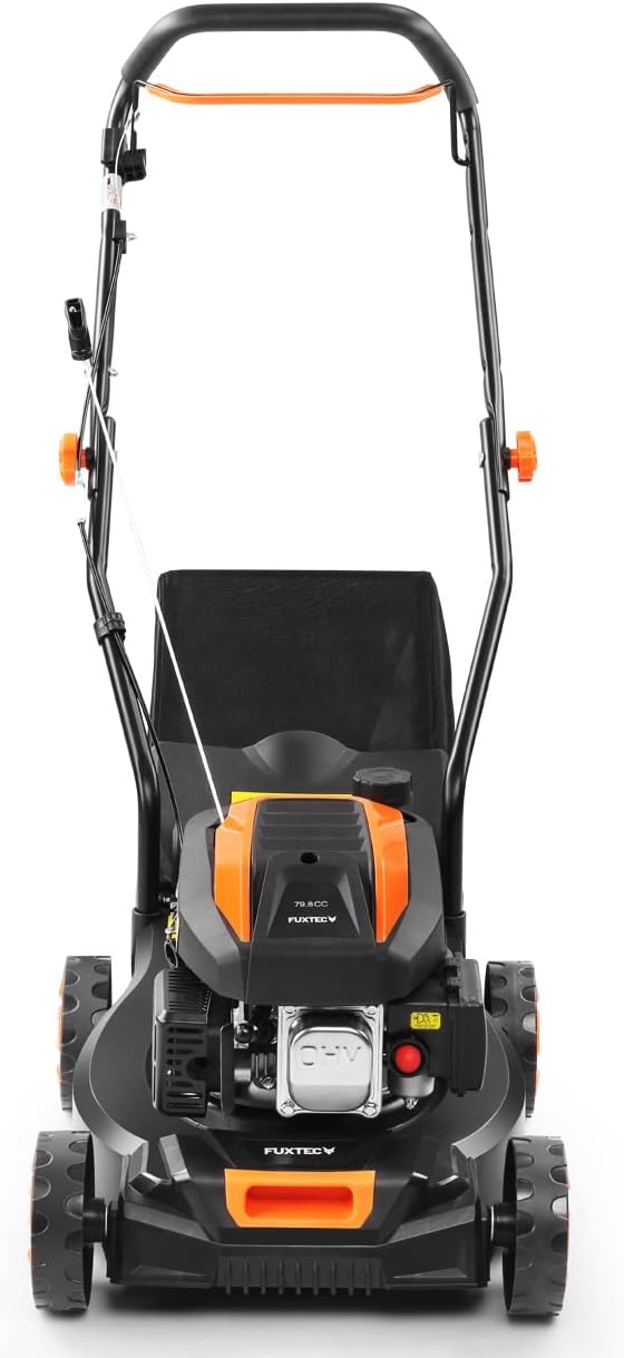Tondeuse à gazon à essence FUXTEC FX-RM4646ECO, largeur de coupe de 46 cm, puissant moteur à essence de 146 cm³, nettoyage facile, 3 en 1, 2,6 kW, bac de ramassage mulching de 50 l.