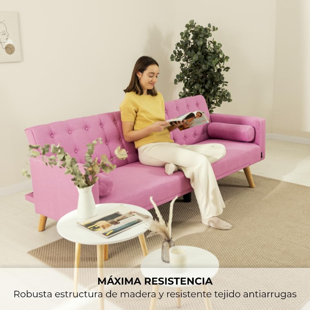 Nalui – 3-Sitzer-Schlafsofa, gepolstert, 203 x 82 x 78 cm, One Dots, mit 2 Kissen und Klick-Klack-Öffnungsmechanismus mit mehreren Liegepositionen. Chaiselongue-Schlafsofa mit Holzbeinen, umwandelbar in ein Doppelbett | Beige