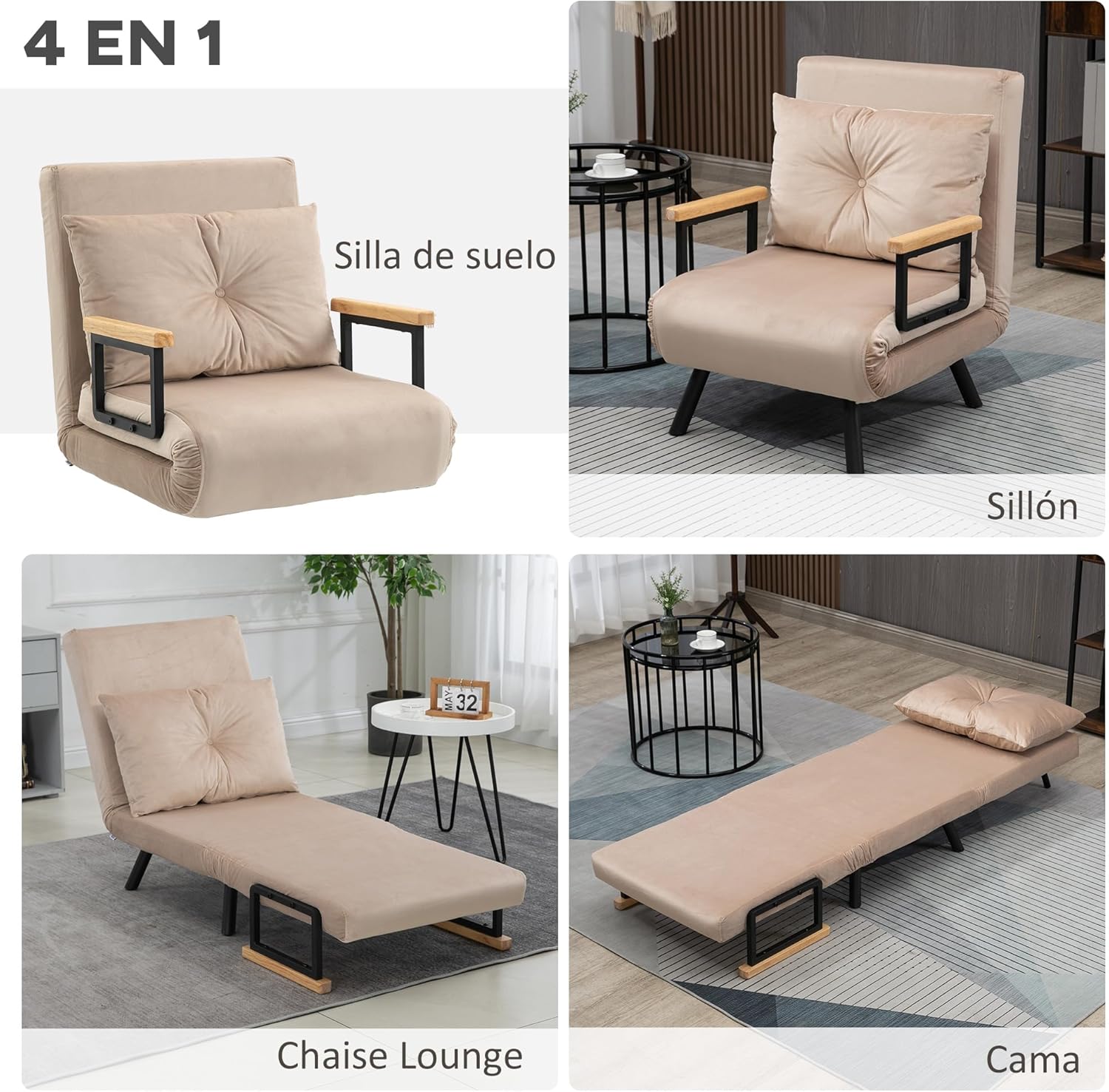 HOMCOM Schlafsofa, 2-Sitzer, Klappsofa, Samtbezug, 5-fach verstellbare Rückenlehne und gepolsterte Kissen, für Büro, Schlafzimmer, Wohnzimmer, 102 x 73 x 81 cm, Beige