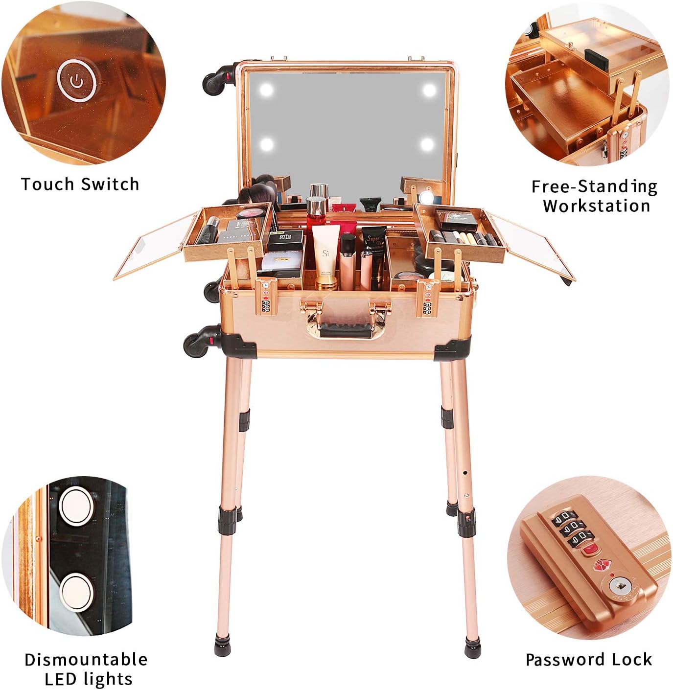 Mellemstor makeup-etui med kombinationslås, oplyst spejl, højttaler, rejsekosmetikorganisator, professionel trolley til kunstnere, fritstående studiekuffert