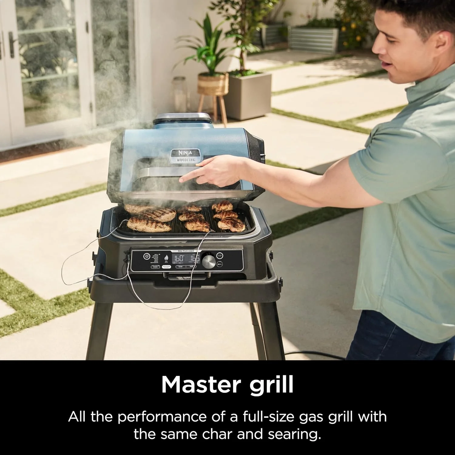 2025 Ninja Woodfire Pro XL udendørs grill og ryger. Termometer. 4-i-1 mastergrill. BBQ-ryger. Udendørs airfryer. Ovn. Bærbar. Elektrisk grill. Mørkegrå. Model OG850
