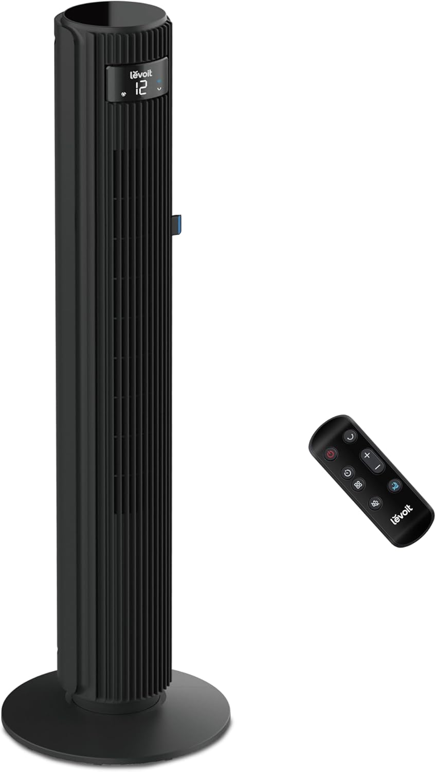 Ventilateur tour LEVOIT 20 dB avec télécommande, moteur CC 7,9 m/s, ventilateur silencieux 26 W avec mode veille, 4 modes et 12 vitesses, minuterie 12 h, affichage LED, oscillation à 90°, blanc