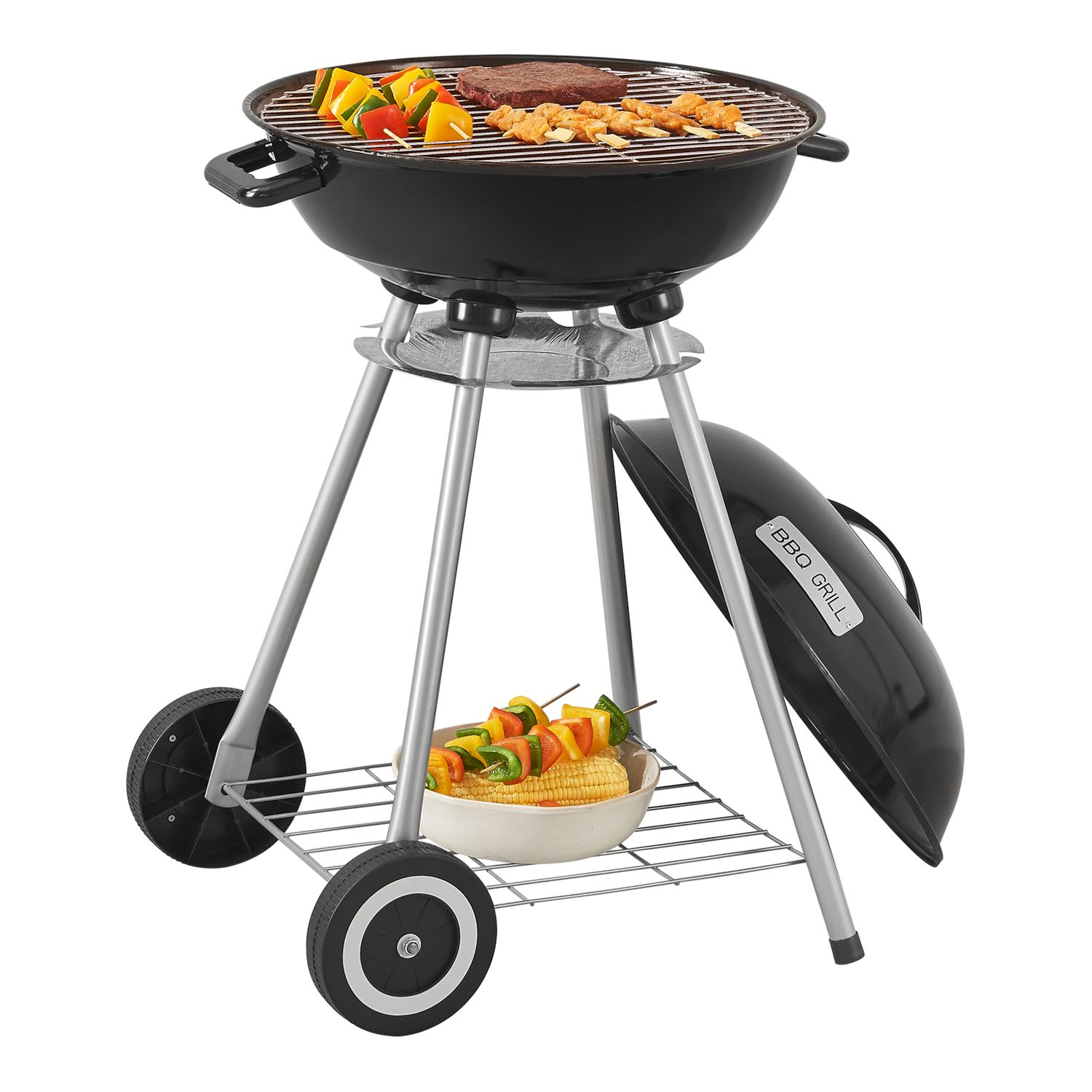 Apricena Runder Holzkohlegrill mit Deckel 80x49x47cm - Schwarz [casa.pro]