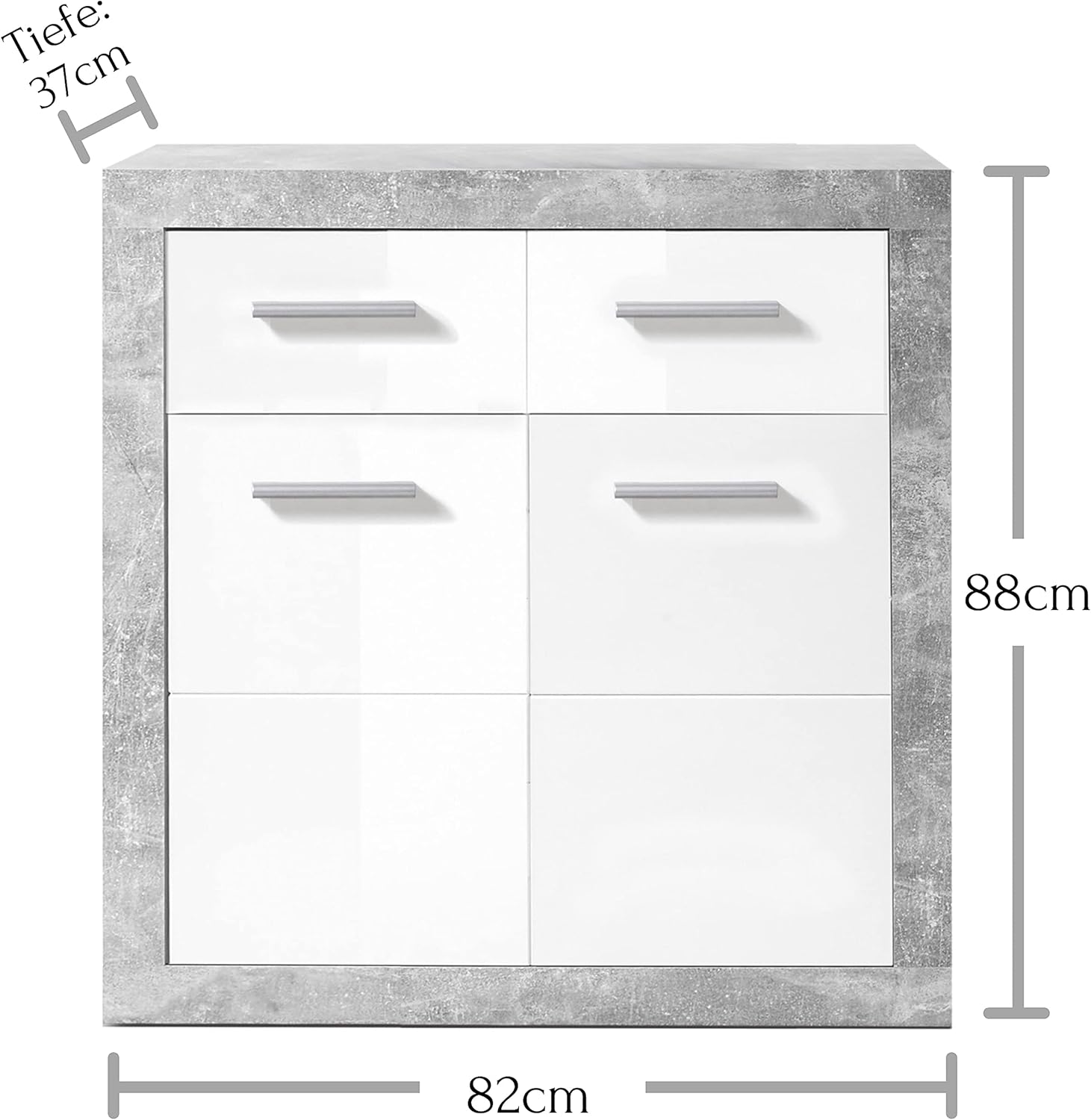 STONE Große Vitrine mit Betonoptik und hochglänzendem Weiß, moderne Vitrine mit LED-Beleuchtung und viel Stauraum, 92 x 194 x 37 cm (B x H x T)