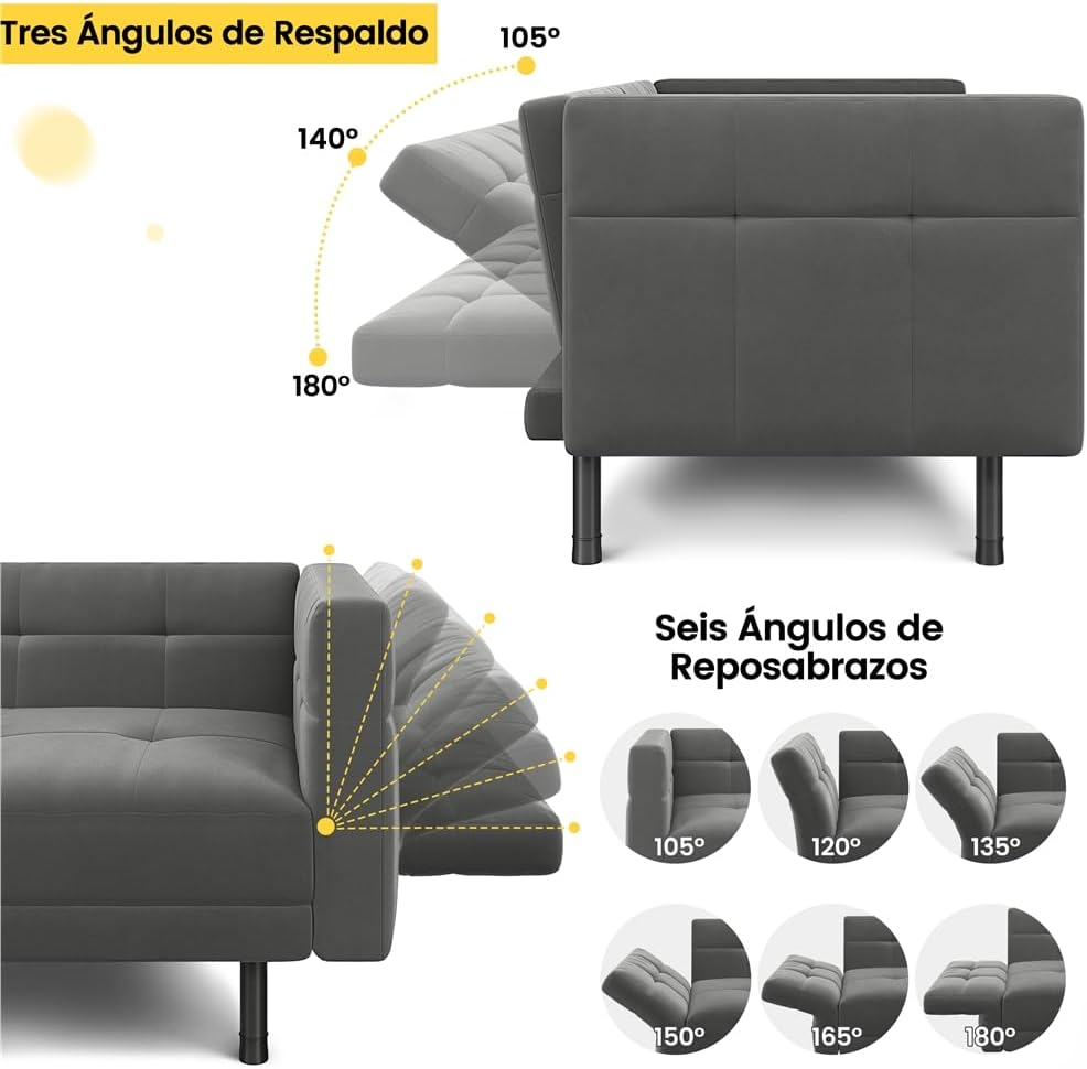 Yaheetech 2-personers fløjlssovesofa, konvertibel sofa 171x80x72cm med 4 puder, sofa med justerbare armlæn og ryglæn til stue, soveværelse og arbejdsværelse, grå