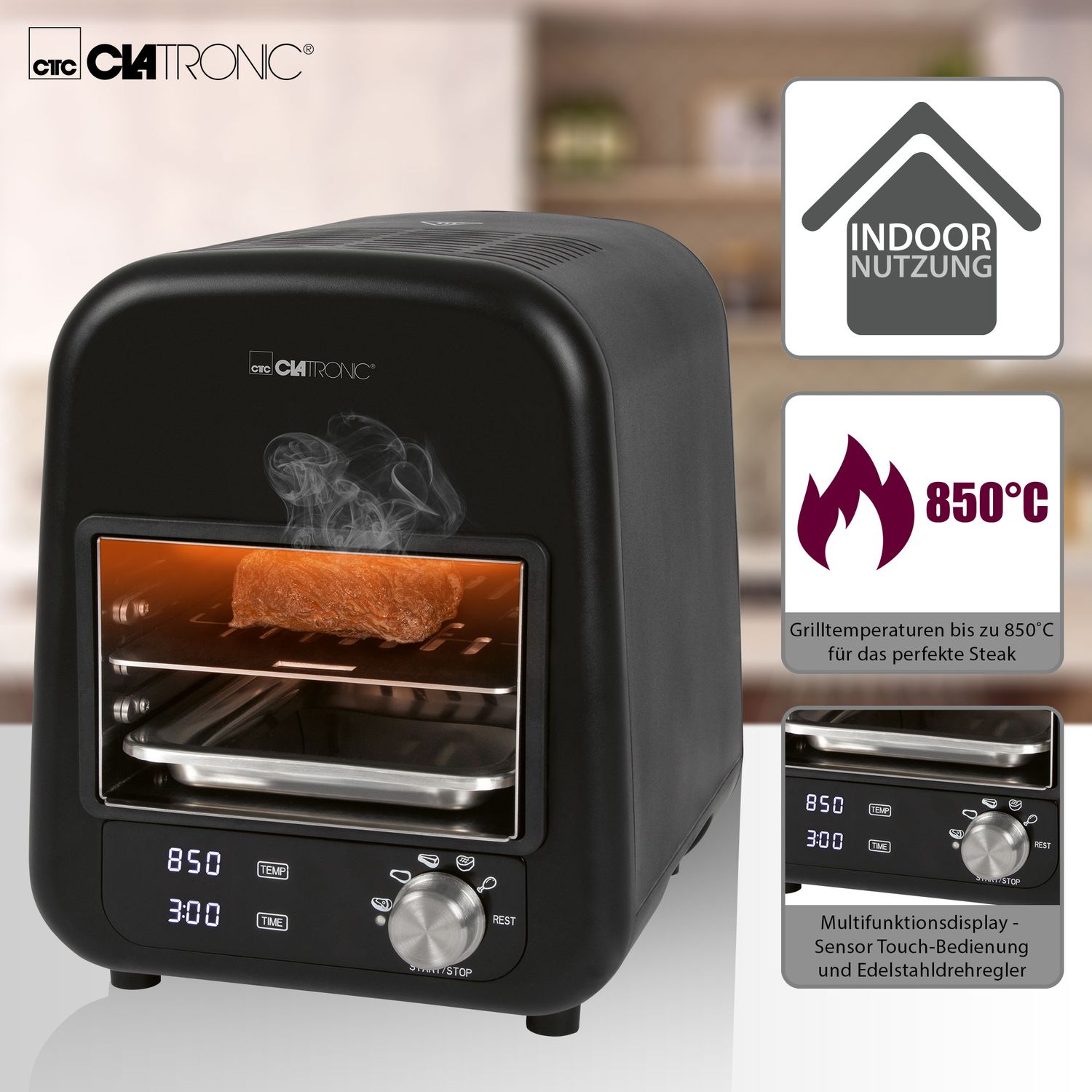 Clatronic EBG 3760 Infrarot-Elektrogrill, Keramikgrill, 5 Kochprogramme, 850 °C, schwarzer Innenraum