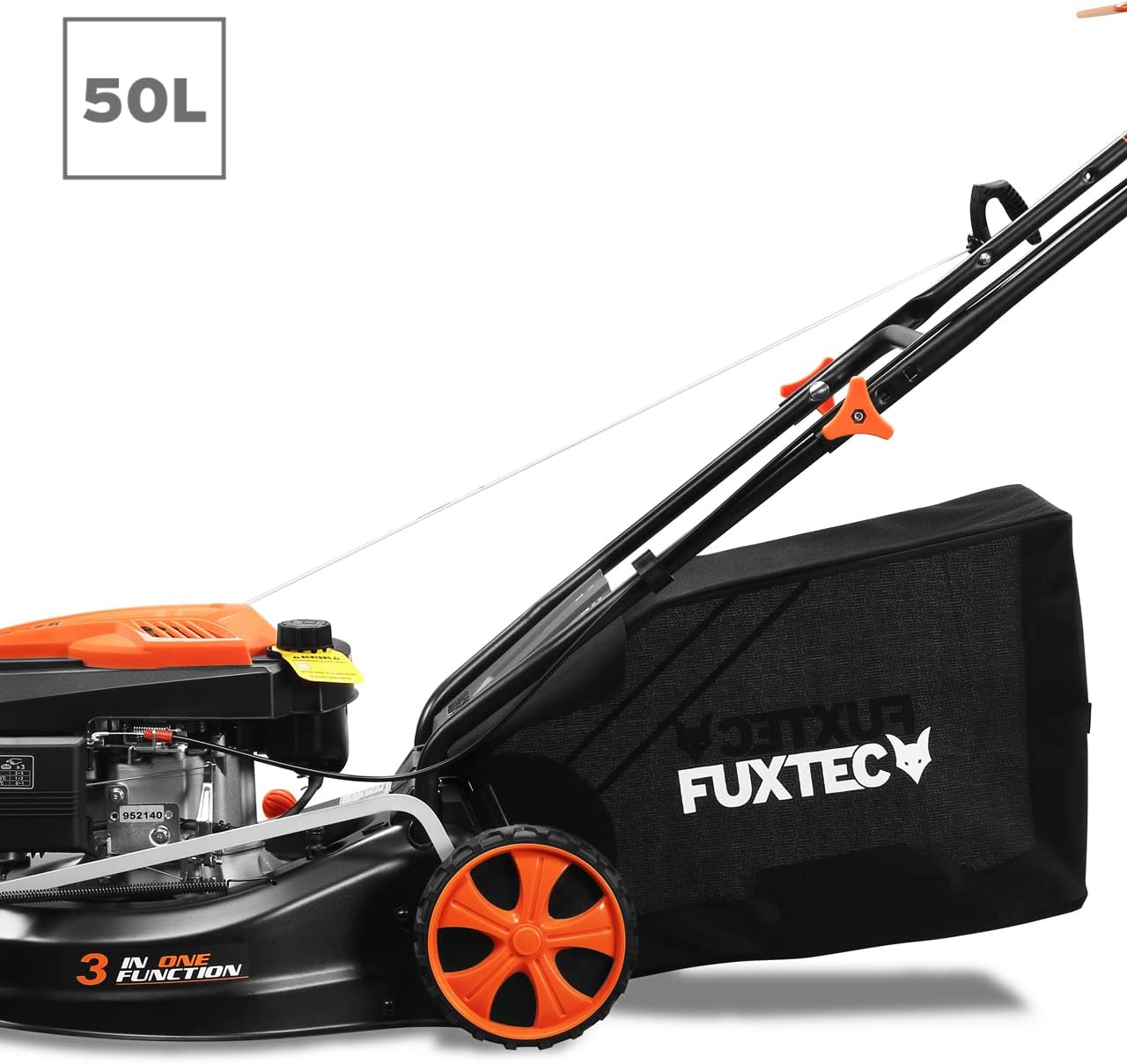 Tondeuse à gazon à essence FUXTEC FX-RM4646ECO, largeur de coupe de 46 cm, puissant moteur à essence de 146 cm³, nettoyage facile, 3 en 1, 2,6 kW, bac de ramassage mulching de 50 l.
