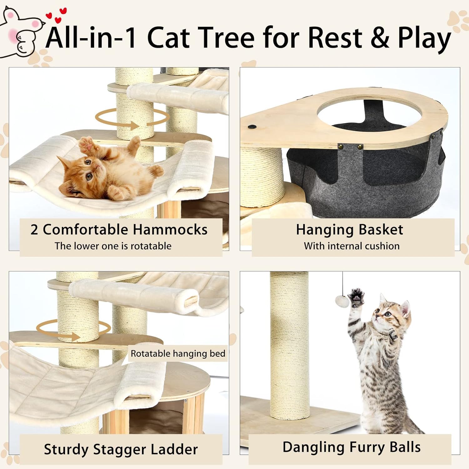 Grand arbre à chat, tour à plusieurs niveaux avec poteau en sisal, hamac, panier suspendu et tapis amovibles et lavables, parfait pour les grands chats