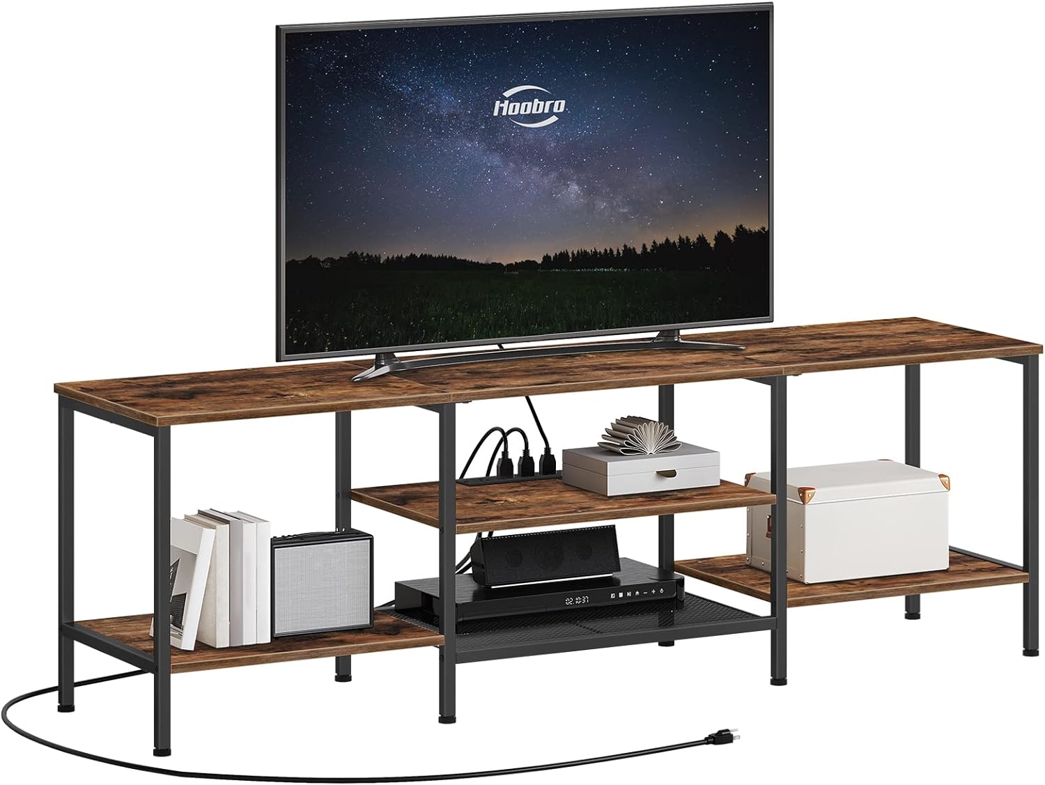 TV-Ständer mit integrierten Steckdosen für Fernseher bis zu 75 Zoll, Konsolentisch mit offenen Regalen, Entertainment-Center im Industrial-Stil für Wohn- oder Schlafzimmer, Rustikales Braun und Schwarz BF60DS01