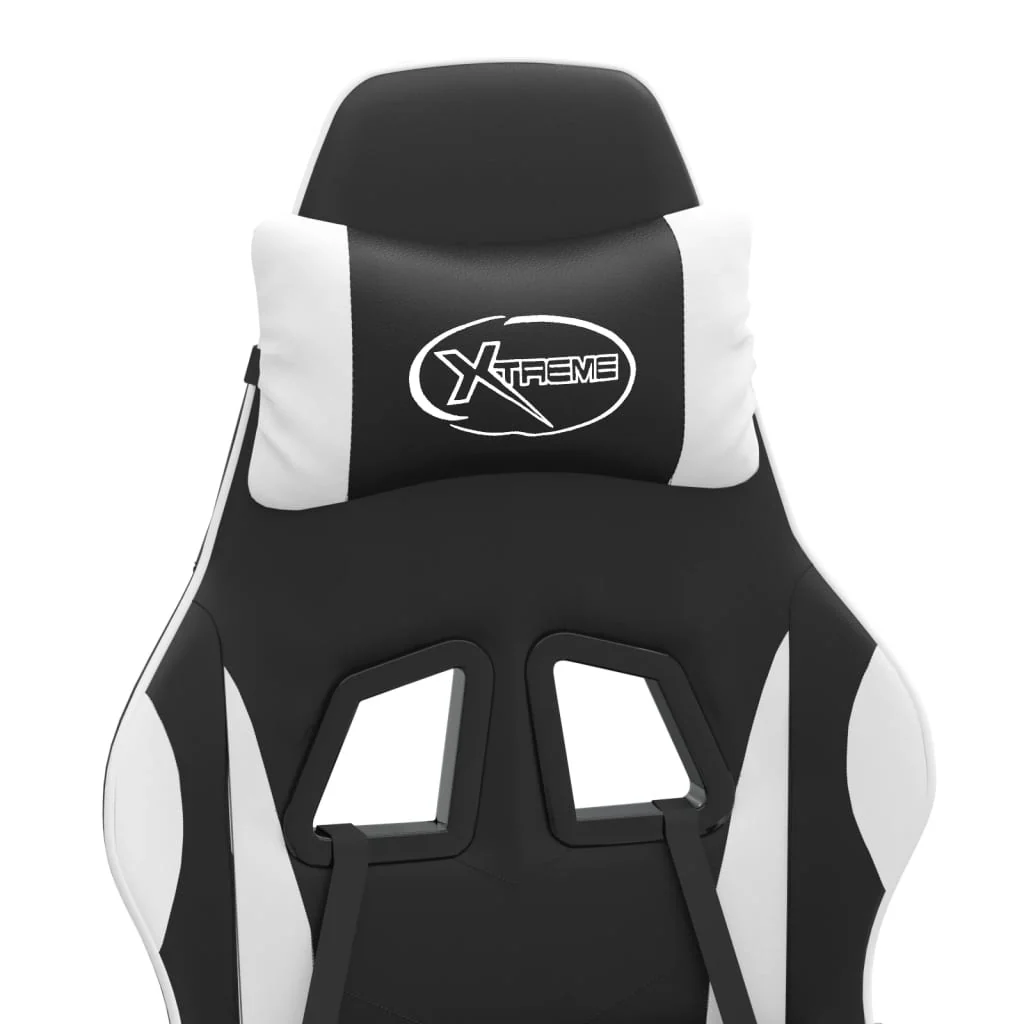 Chaise de jeu 2025 avec repose-pieds pivotant, similicuir noir et blanc V8635