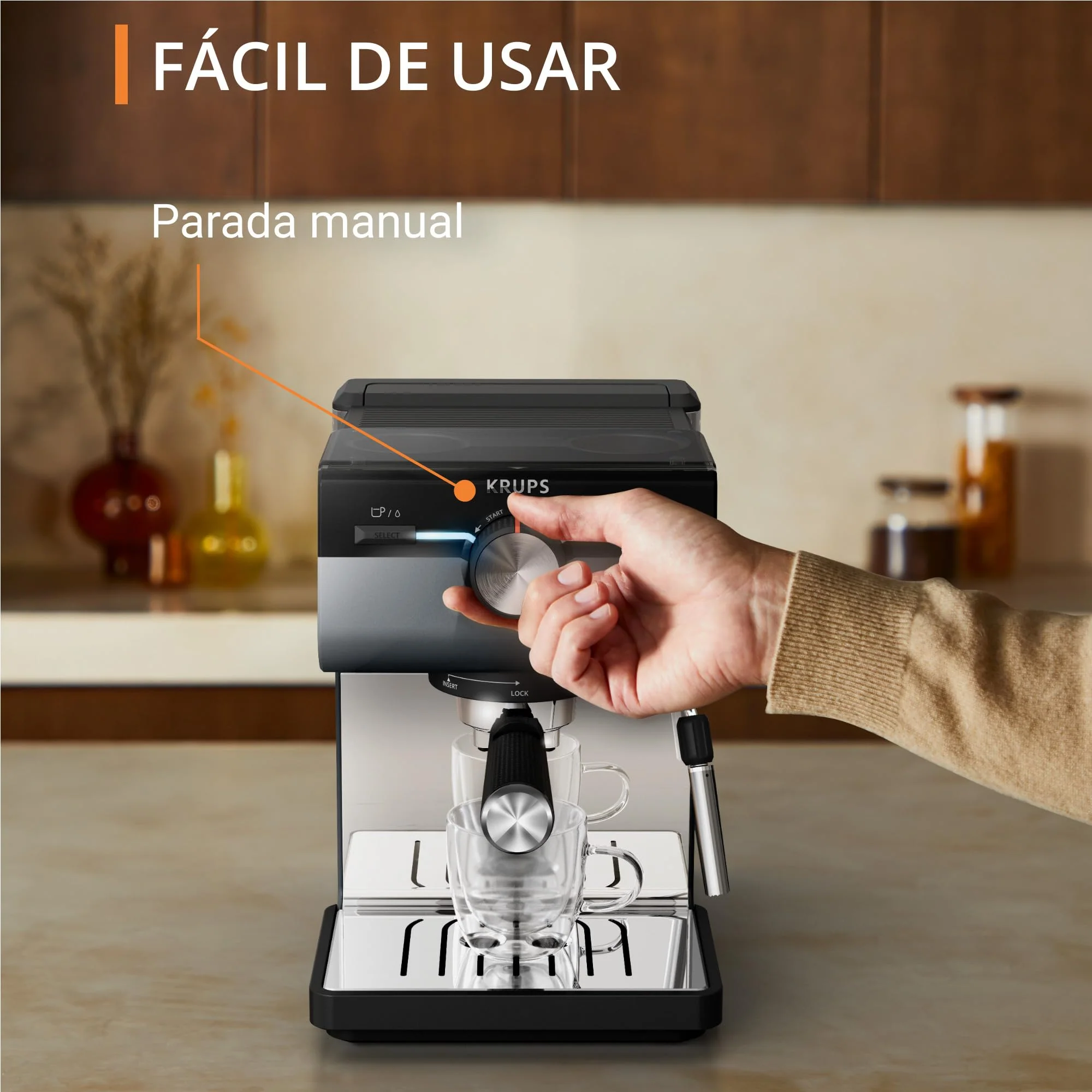 Machine à expresso Krups Virtuoso Essential - 15 bars. Acier inoxydable noir. Design compact et élégant. Arrêt automatique. Expresso et cappuccino. Thermobloc. Buse vapeur. Doseur inclus. XP4418